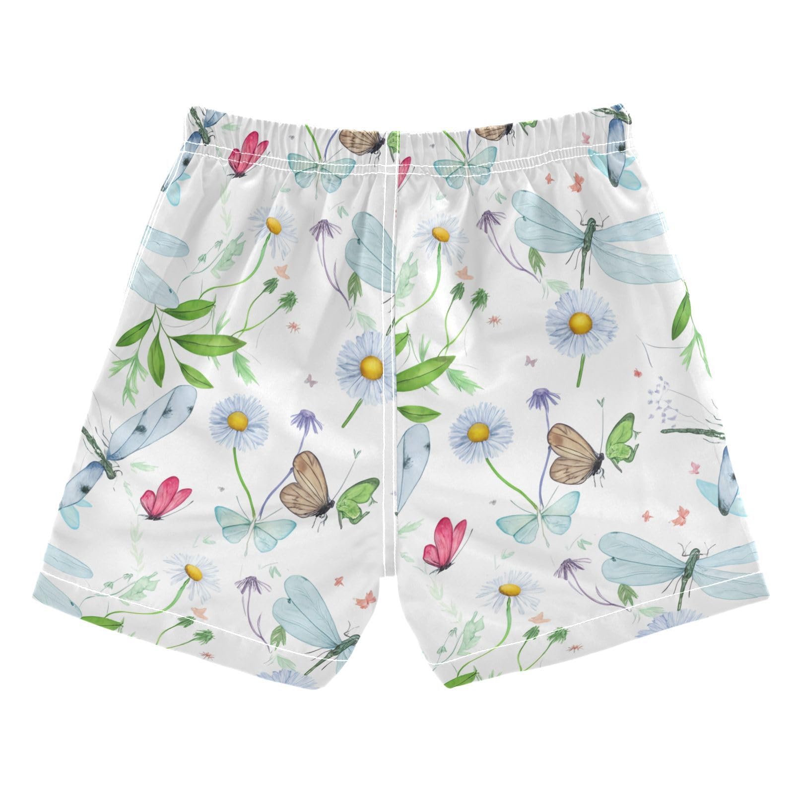 DOMIKING Dragonfly Daisies White Kids Board Shorts Little Boys Adjustable Bathing Suit for Hiking Swimming Quick Dry 4T