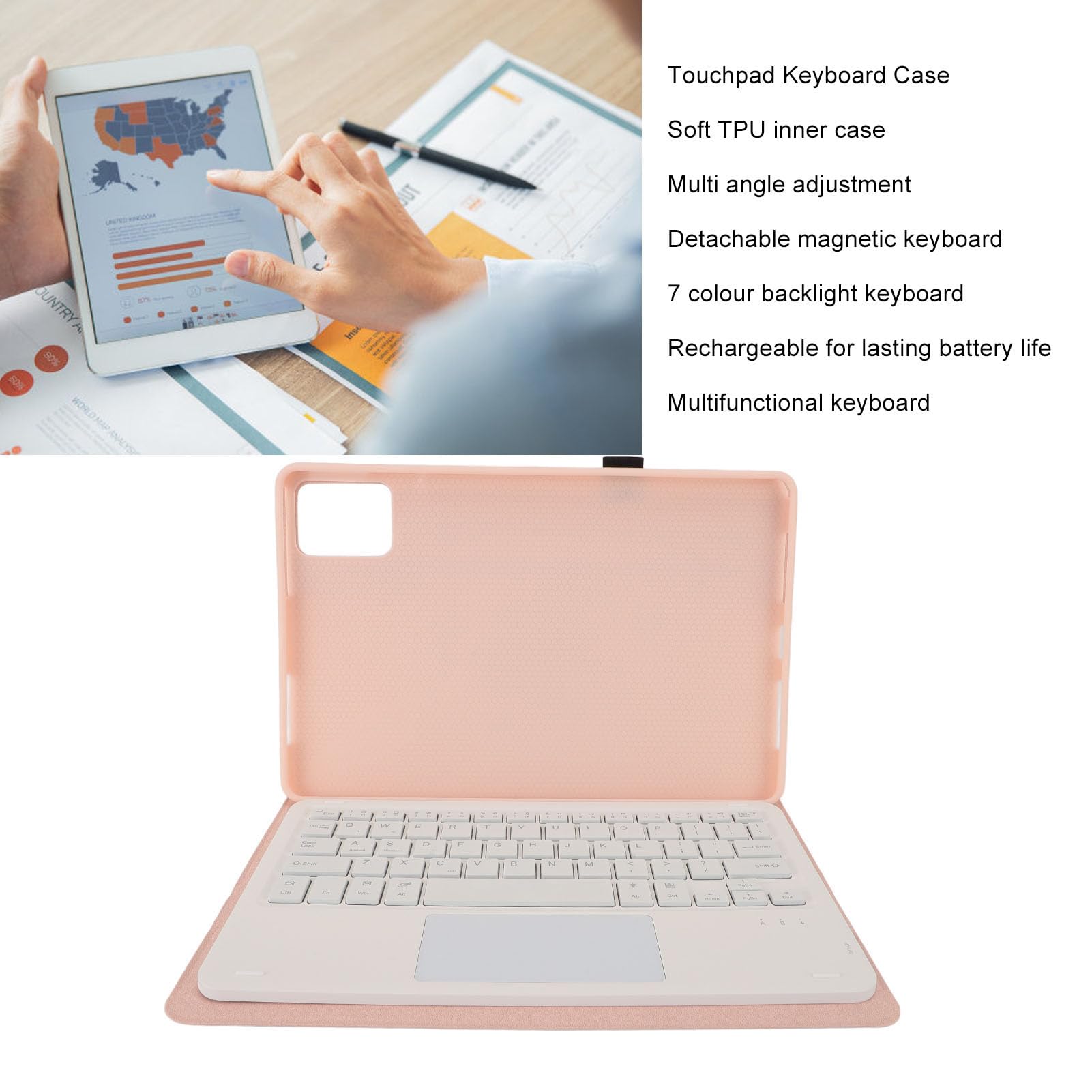 Custodia retroilluminata a 7 colori con tastiera, custodia portapenne con tastiera staccabile magneticamente per Tab M11 K11 LTE 11 pollici 2024 Tastiera staccabile wireless con (Rosa)