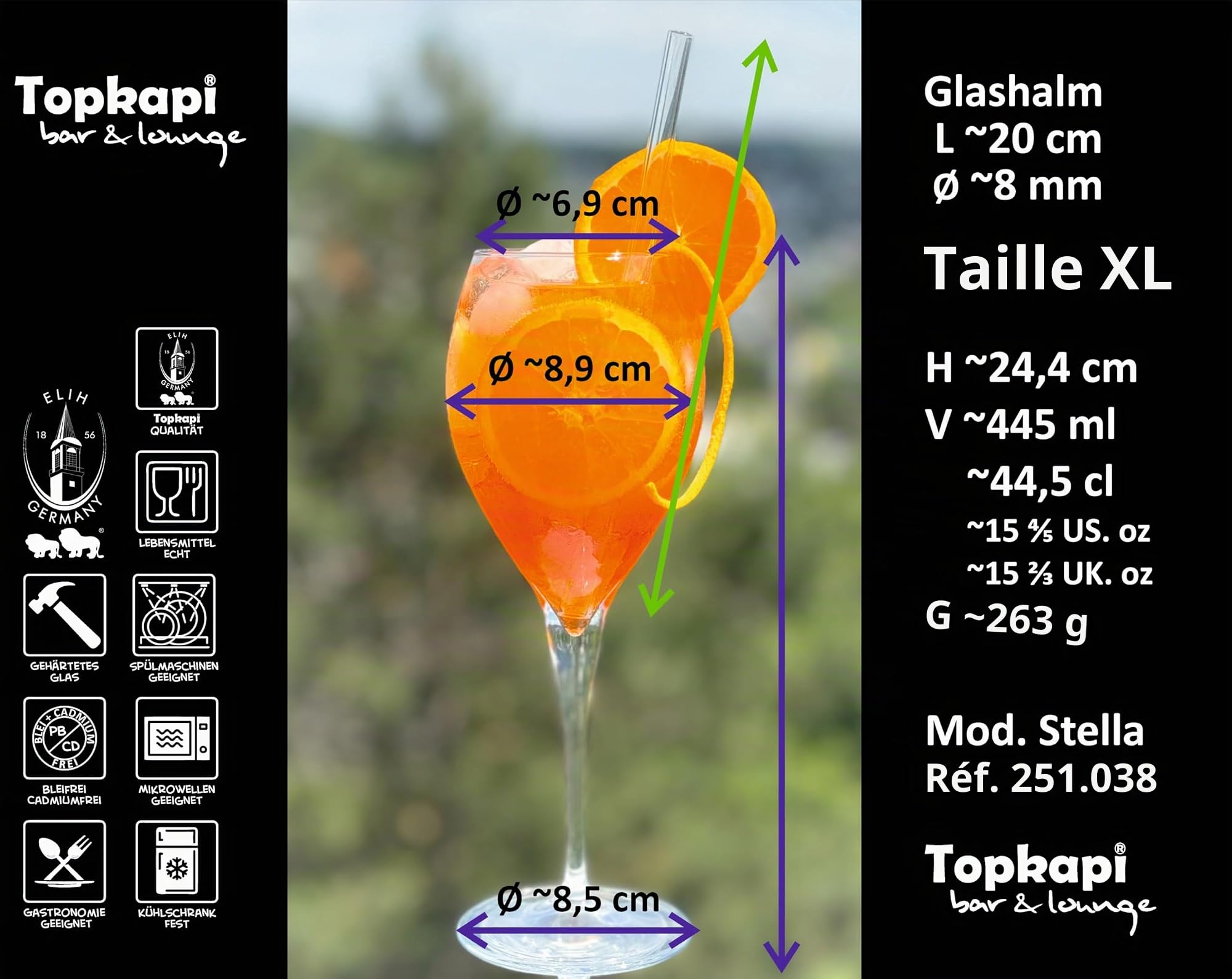 Topkapi Aperol Stella XL Lot de 6 verres à cocktail avec 6 pailles en verre, 445 ml, pour 6 personnes