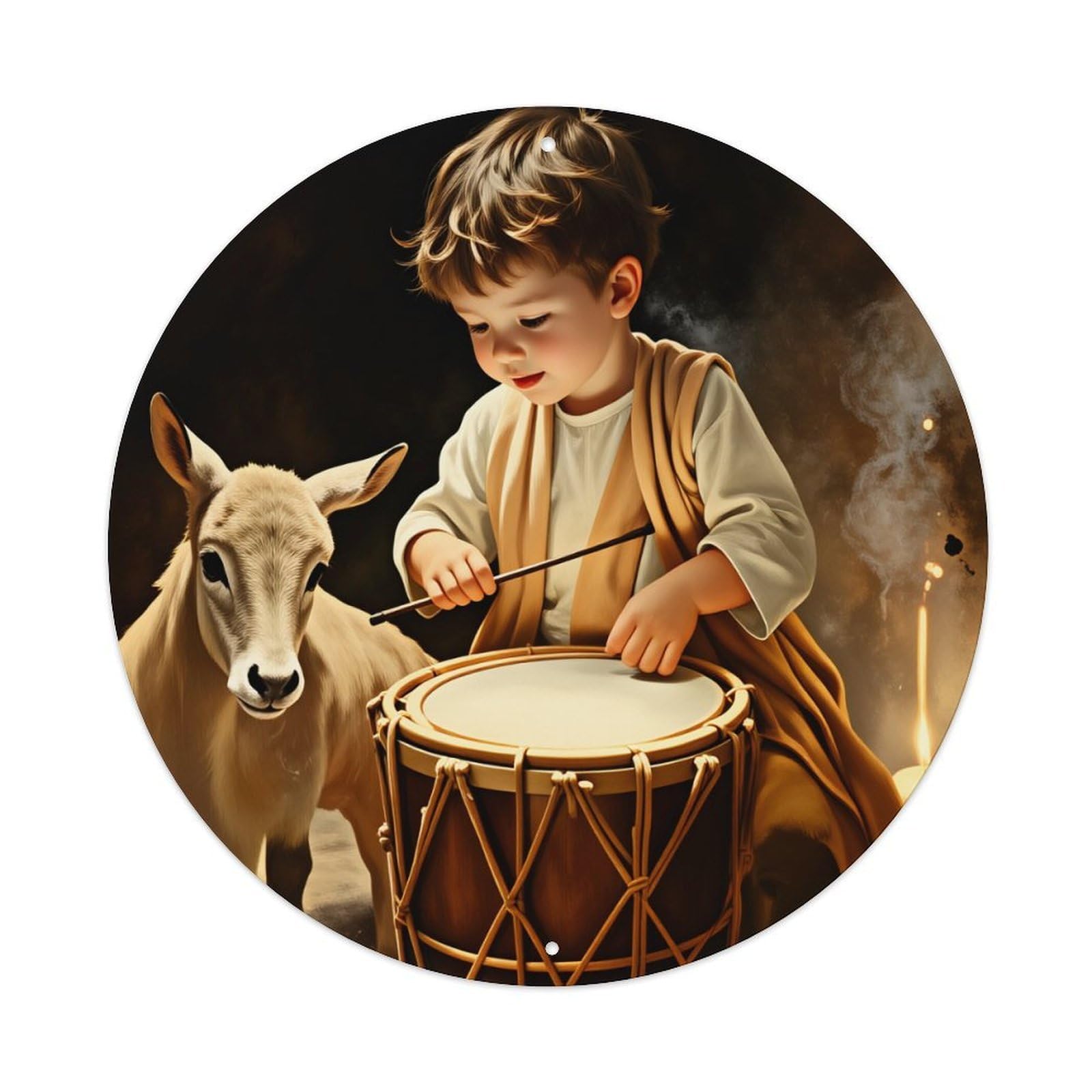 Child Playing Drum With Goat Round Tin Sign Vintage Style Metal Sign Home Bar Garden Wall Plaque Decor Metal Poster 8x8 Inch