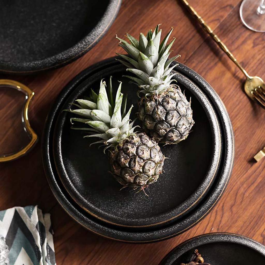 Ensemble bol et assiette japonais en céramique noire et dorée - Bol profond à salade et à nouilles - Plat de service créatif idéal pour le petit déjeuner et la maison