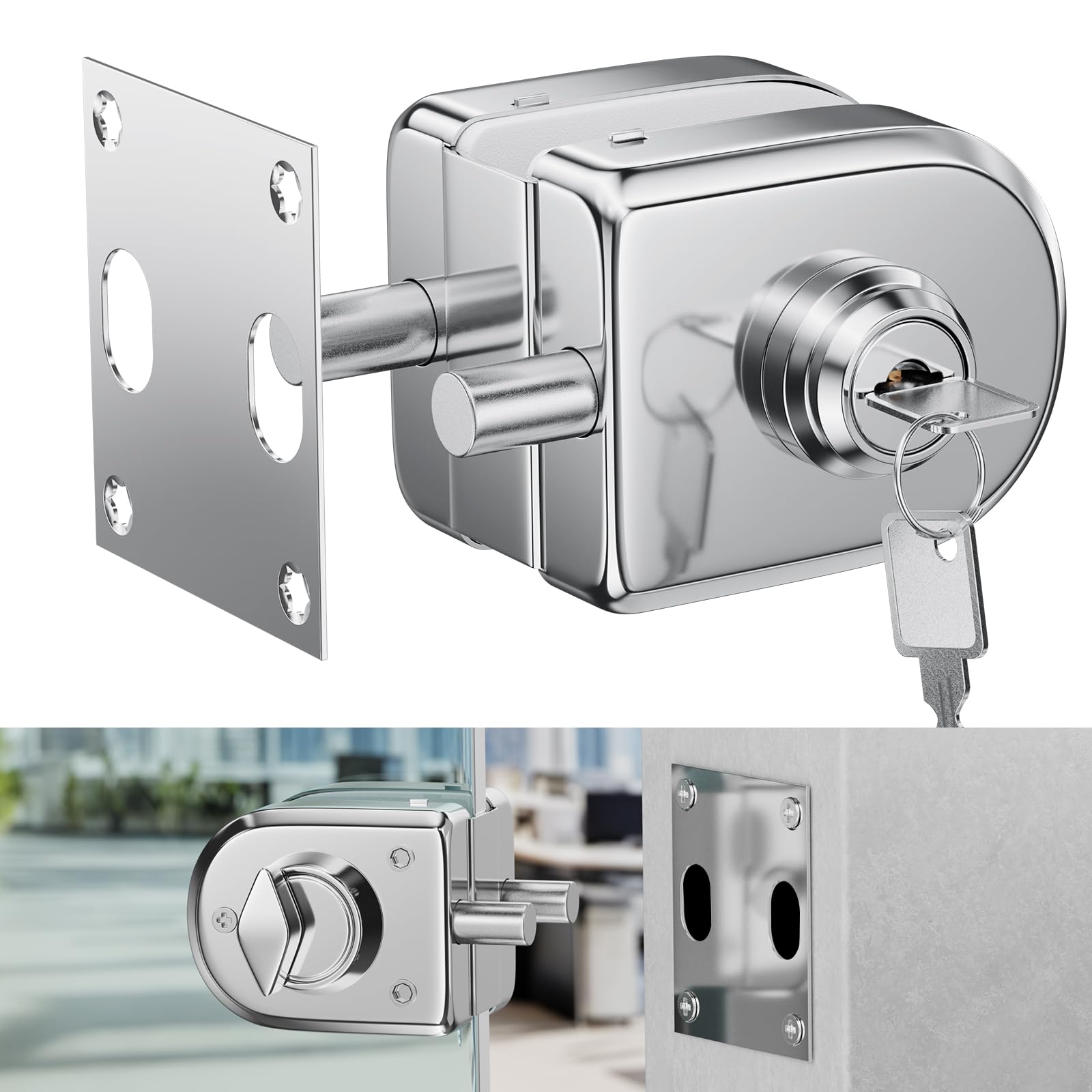Ranbo serrure en acier inoxydable 304 pour porte en verre 10–12 mm, finition chrome polie, livrée avec 2 clés, bouton rotatif intérieur, montage sans perçage ou avec vis, sécurité renforcée