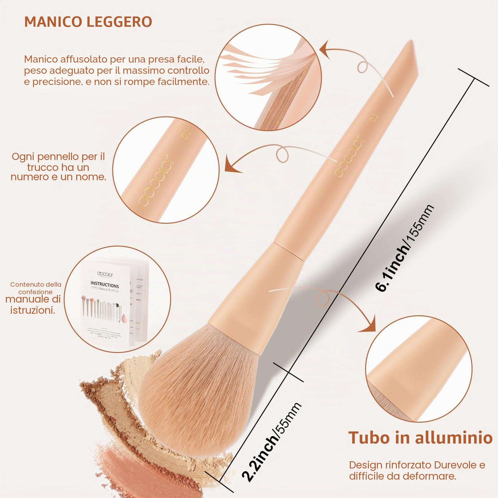 Set Pennelli Make Up 17 Pezzi Synthetic con Spugnetta e Trousse in Pelle PU per Fondotinta, Correttore, Blush, Ombretto