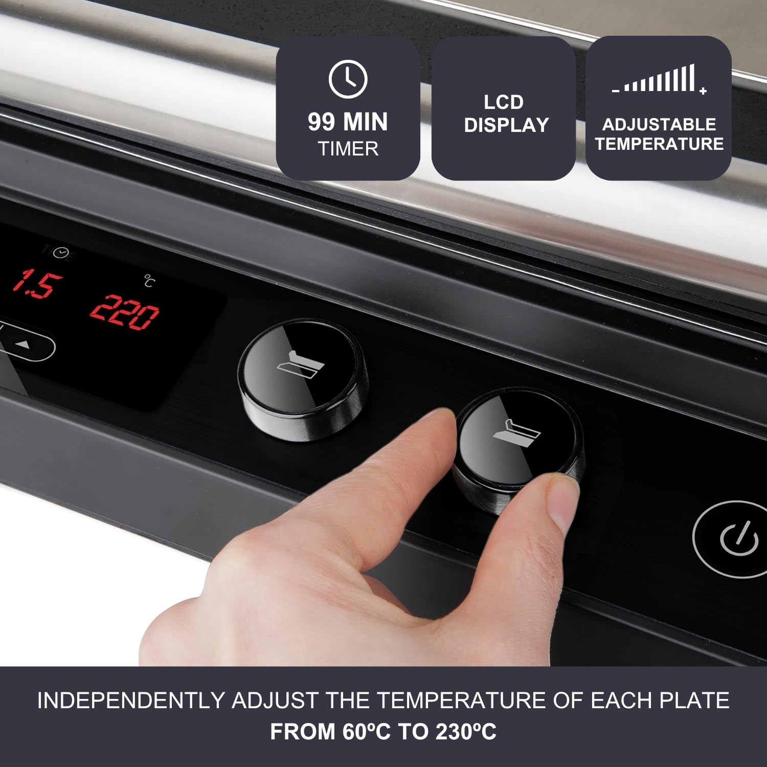 BLACK+DECKER BXGR2000E grill kontaktowy, 2000 W, 2 w 1: gładkie płyty i grill, przygotowywanie mięsa, ryb, warzyw, otwarcia 180º, kontrola temperatury i czasu z wyświetlaczem LCD