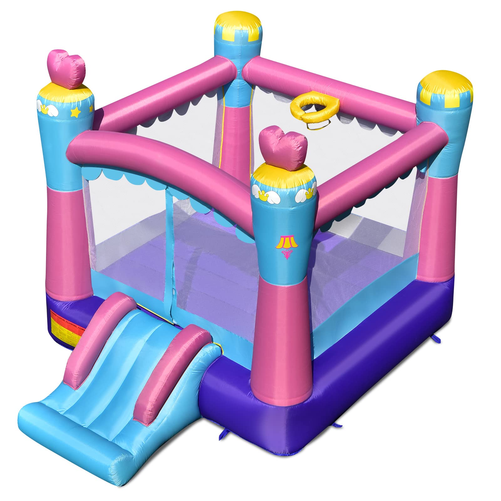 COSTWAY Casa Inflable, Castillo Inflable 3 en 1 con Tema Princesas con Área para Saltar, Tobogán, Aro de Baloncesto, Kit de Reparación, Inflable para Niños para Uso Interno y Externo (sin Compresor)