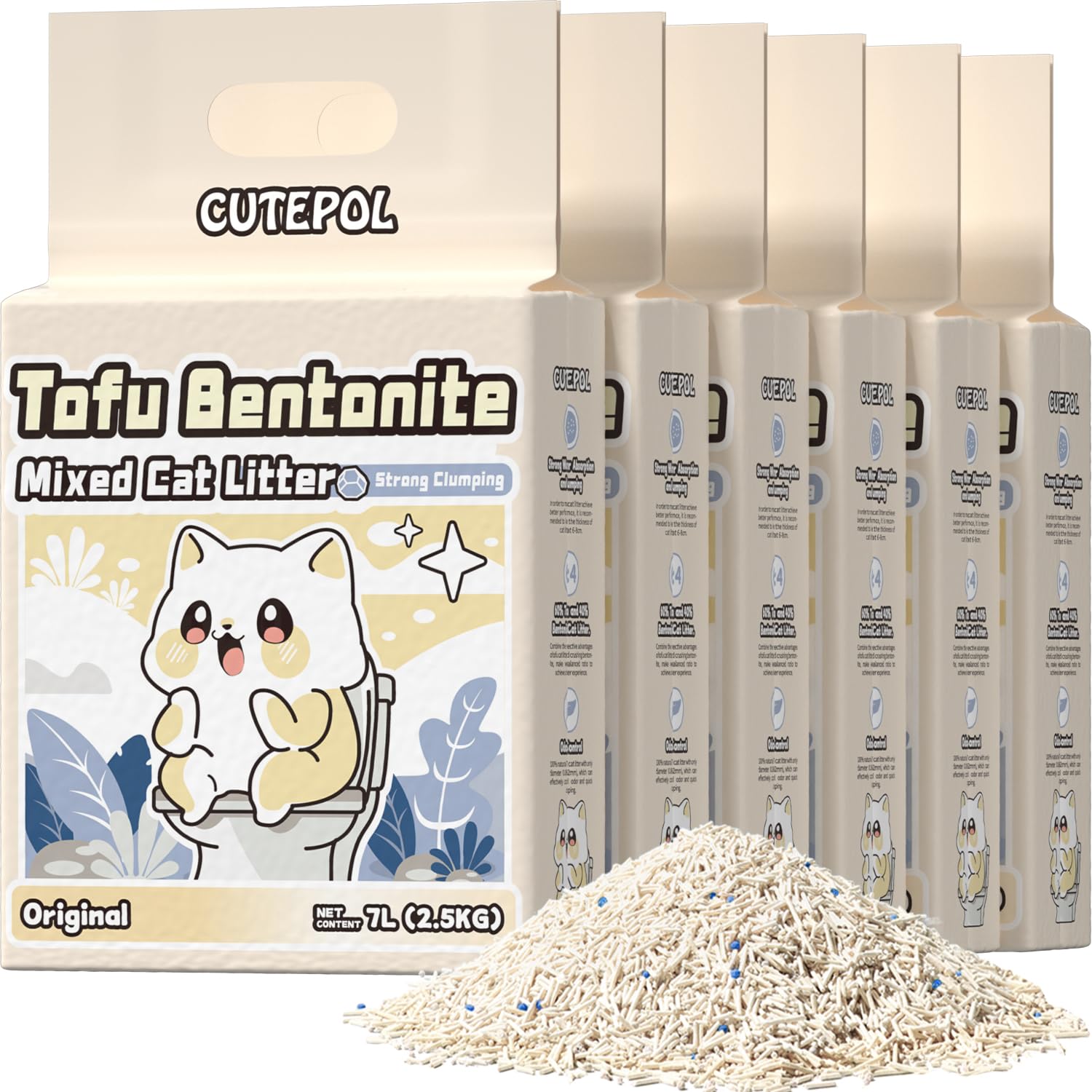 Mixed 4-in-1 Klump-Katzenstreu 15kg, Geruchskontrolle und schnelles Klumpen, wasserabsorbierend und spülbar, staubfrei, Mehrkatzen, Bentonit-Tofu-Katzenstreu, Milch-Duft, 2.5kg/Packung | 4-in-1 Bentonit-Tofu-Katzenstreu, Geruchskontrolle, wasserabsorbiere