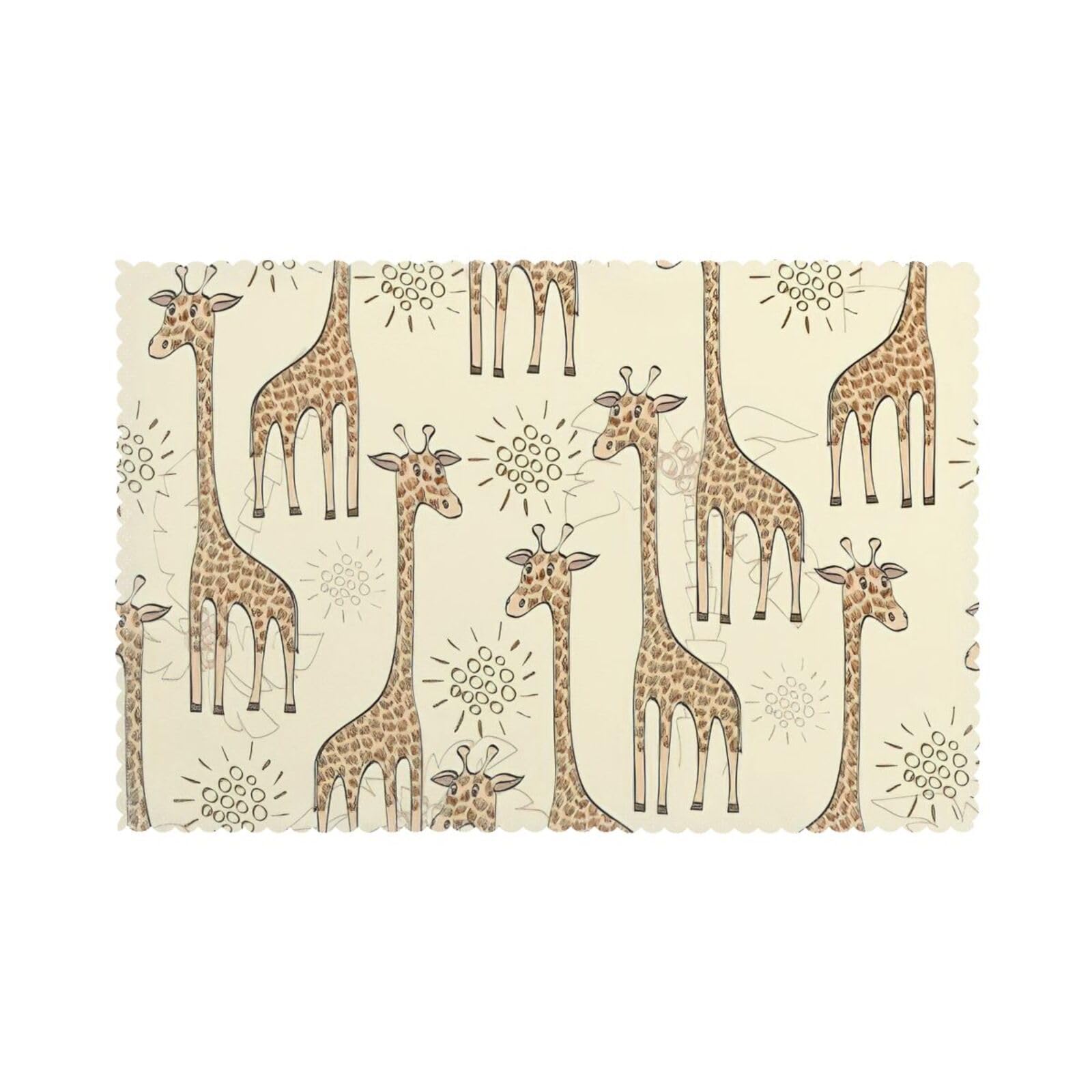 Hand Drawn Giraffes Print Placemats for Dining Table Set of 6 12x18 Inch Table Mats for Party Kitchen Dining.