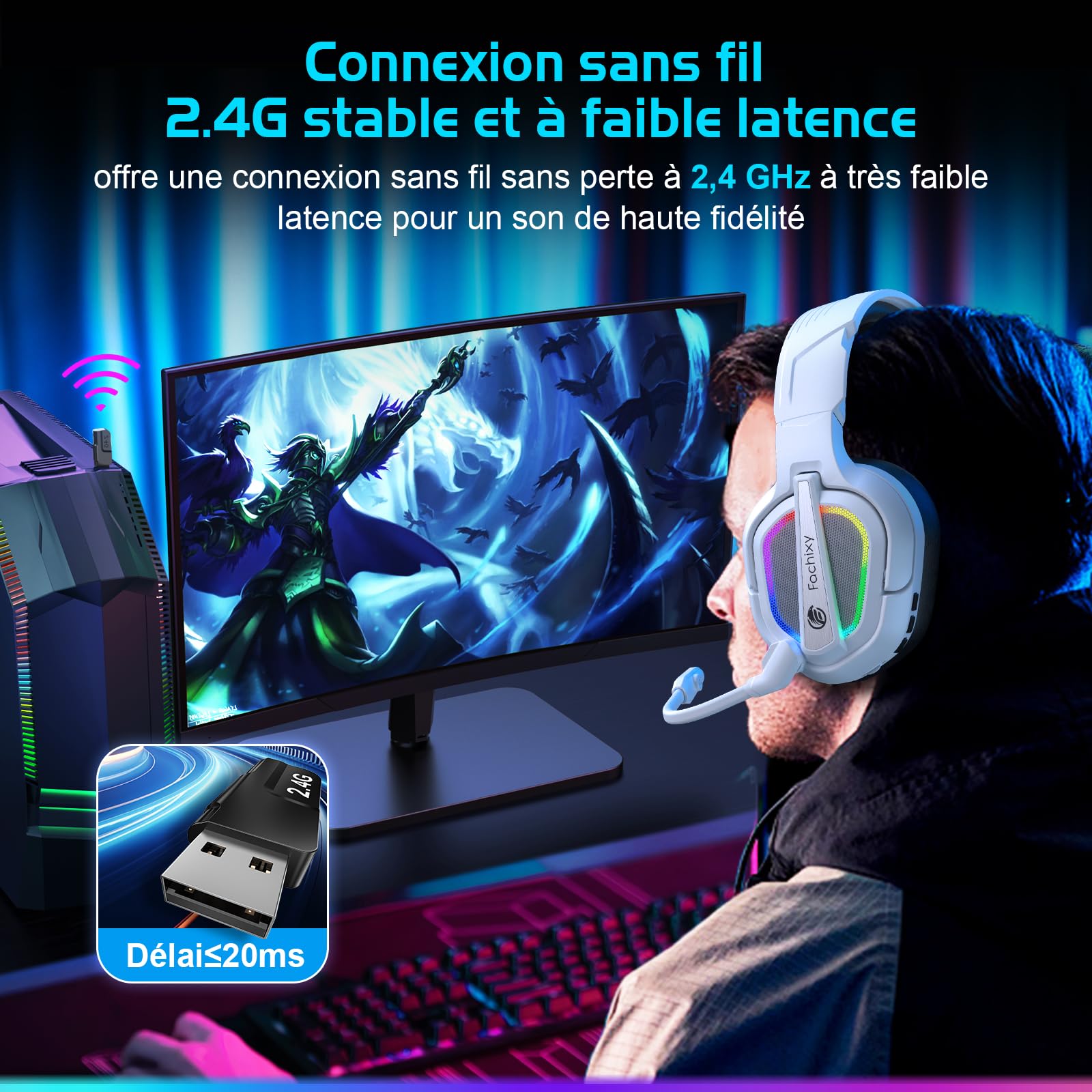 Fachixy FC200「2025 Nouvelle」Casque de Jeu sans Fil pour PS5, PS4, PC - Casque Pliable USB 2,4 GHz avec Micro - Bluetooth stéréo 3D avec autonomie de 50 Heures, pour Mac, Switch, Mobile, Blanc-Noir