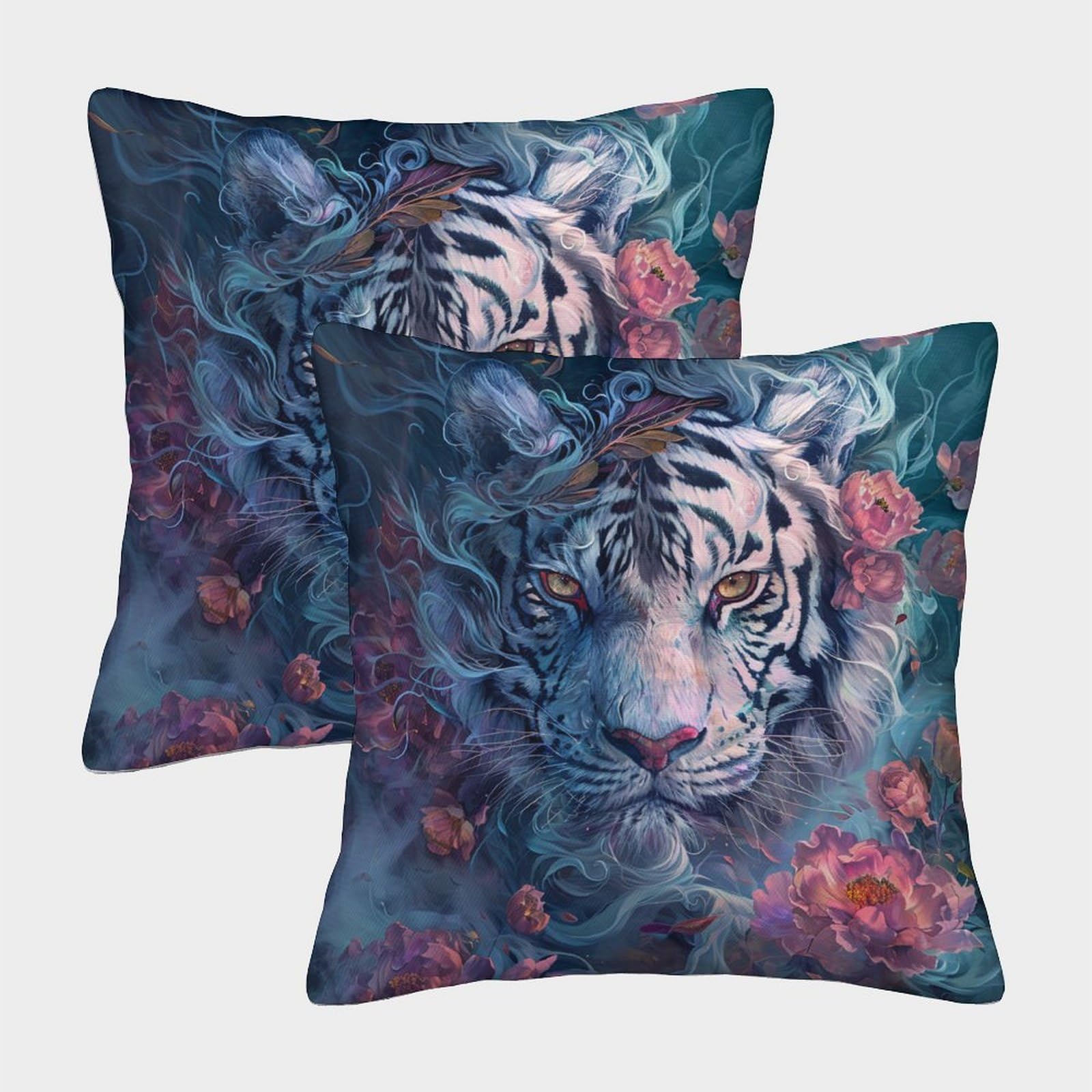 kaiyun 2 Pack Tiger,Flowers 3D Cushion Cover Pillow Cover Sofa Outdoor Decoration Square 45x45cm