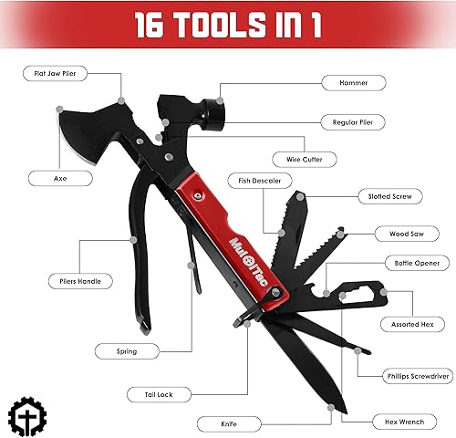 Miniatura 2 de Martillo de hacha multiherramienta para campamento, equipo de supervivencia 16 en 1 con cuchillo, alicates, sierra, destornillador, abrebotellas,