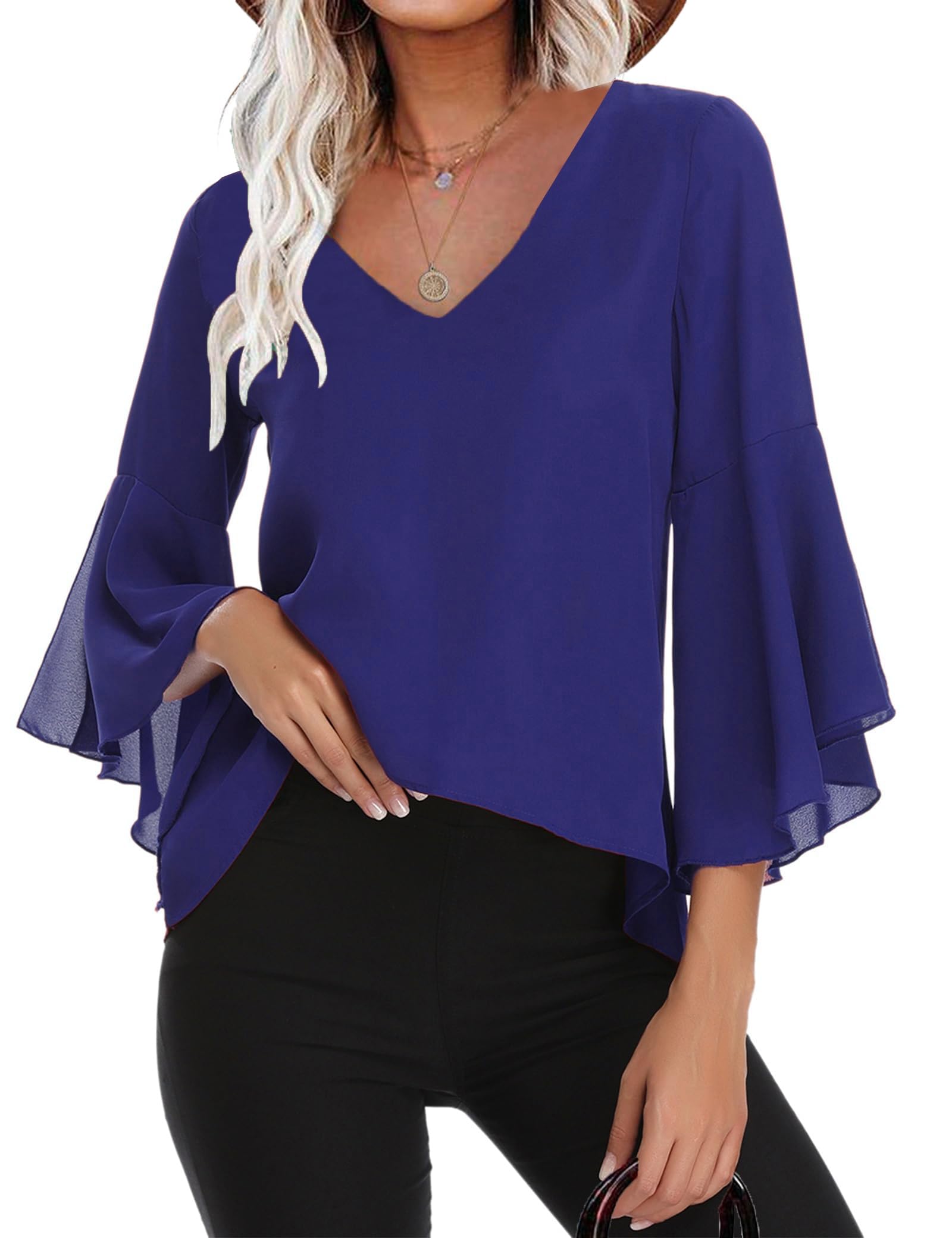 Gyabnw Blusas Mujer Elegante 3/4 Manga Blusa Informal de chifón Verano, Transpirable con Volantes, Cuello en V, Blusa Ligera para Primavera Verano Otoño