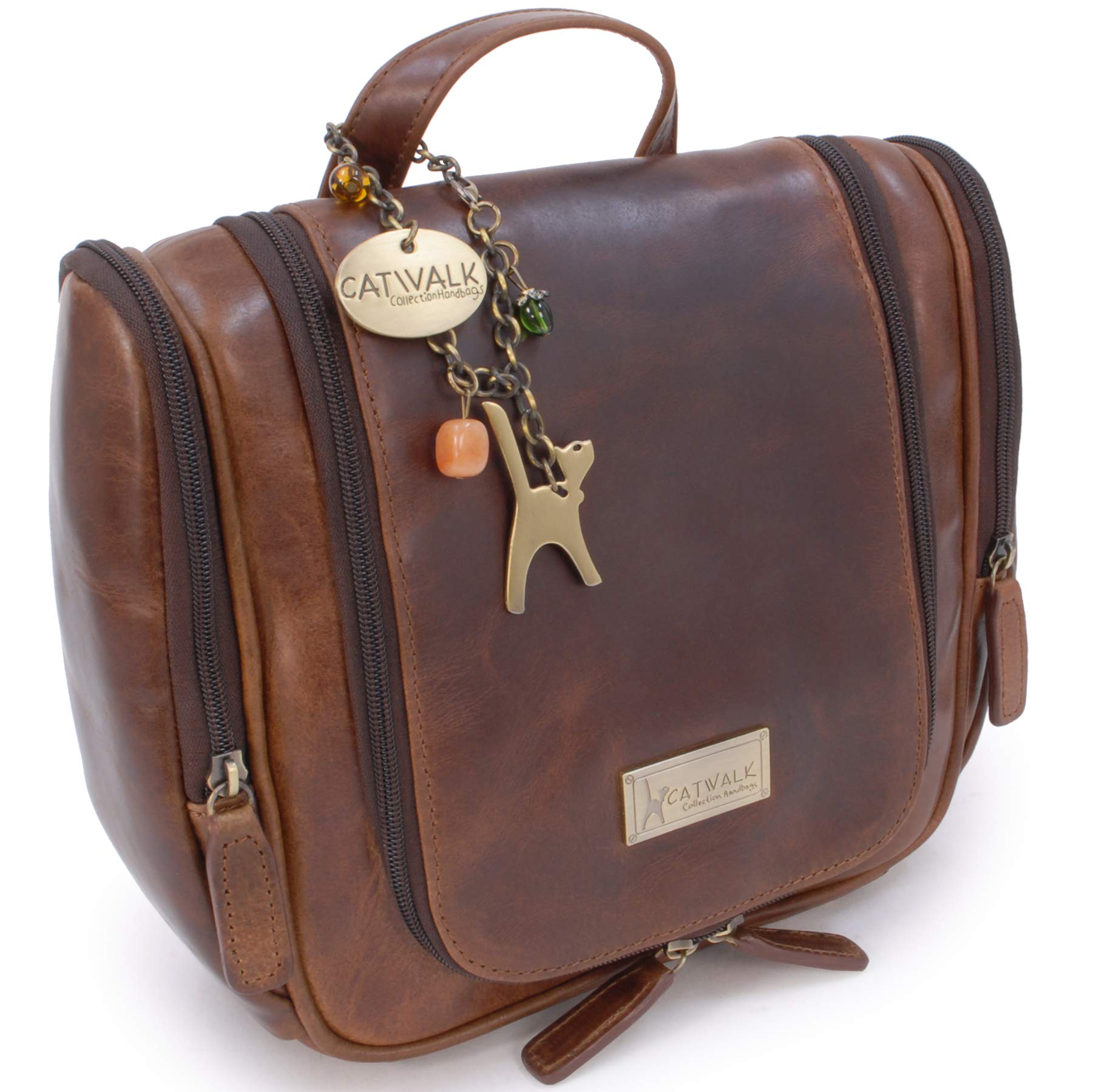 Catwalk Collection Handbags - Grande Borsa da Toilette Donna in Pelle - Beauty Case da Viaggio - Wash Bag con Gancio - Maisie - Marrone