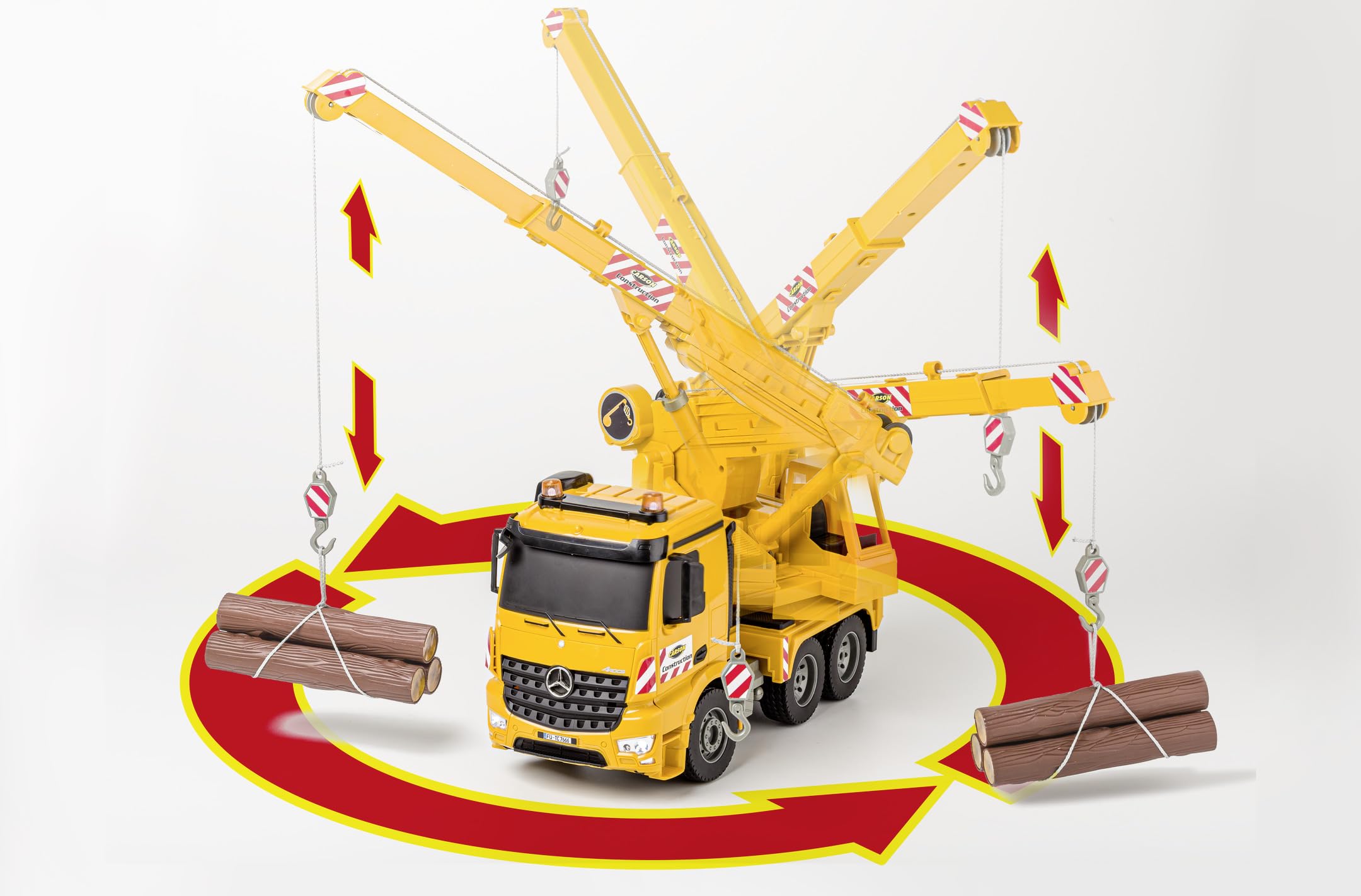 Carson 500907666 1:20 MB Arocs Camion-Grue 100% RTR - Véhicule télécommandé, Camion avec Fonctions Son et lumière, Batteries et radiocommande incluses, 30 Minutes de Conduite