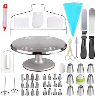Thsinde Professional Cake Decorating Kit - Aluminium Alloy Revolving 12 Inch Round Cake Stand with 2 Icing Spatula, 3 Icing Smoother, 32 Pcs Piping Nozzles, Rotating Pastry Bag, Cake Leveler - Silver