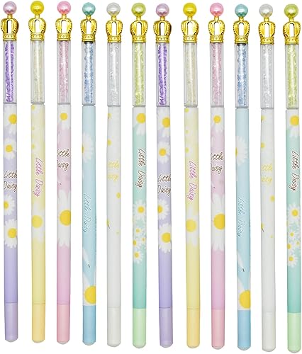 Fanshion - 12 bolígrafos florales de gel con corona de flores de margarita con cristal de perla, arena movediza de 0.020 in, tinta negra para fiesta