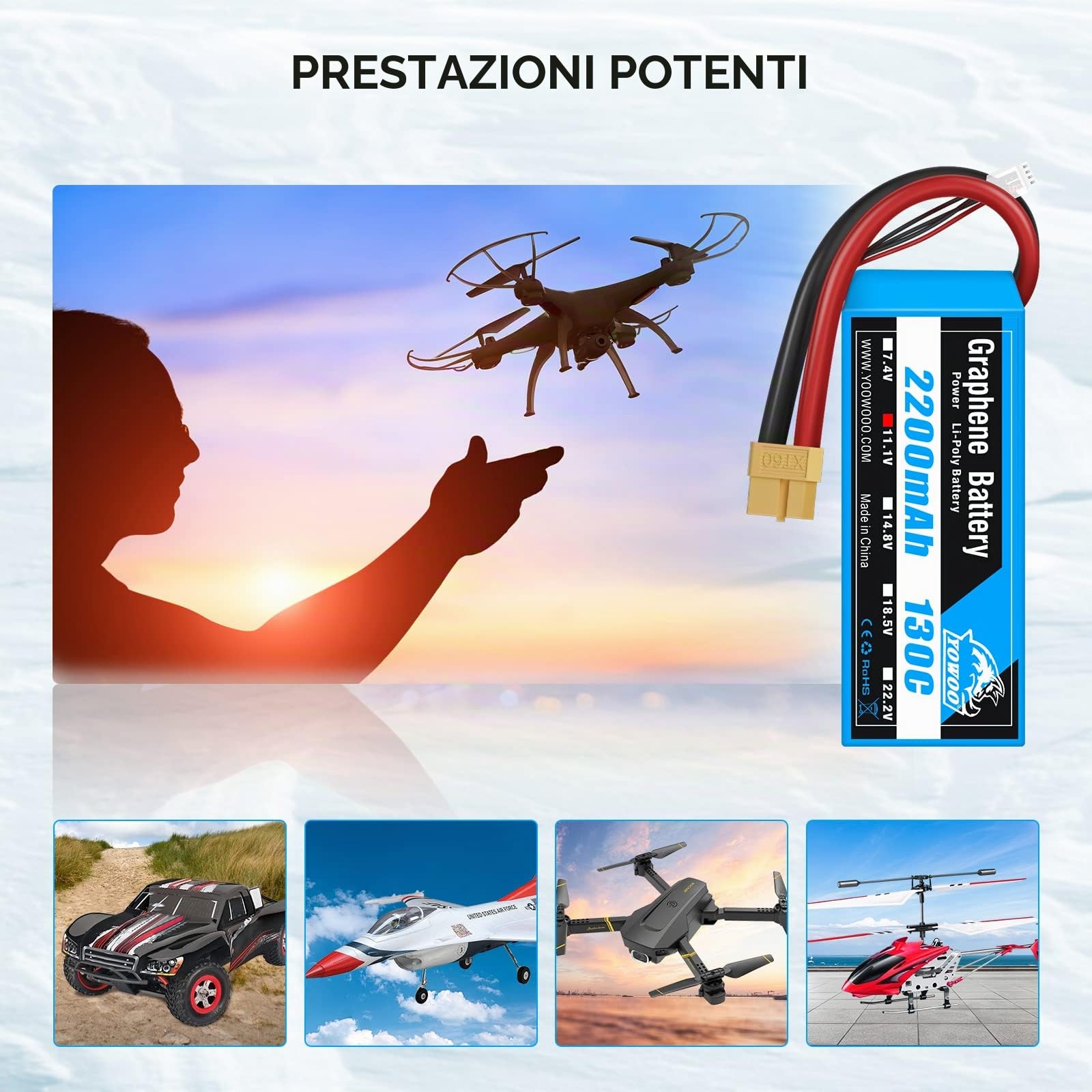Yowoo 3S LiPo Batteria 2200mAh 11,1V 130C 3S RC Batteria Grafene con connettore XT60 spina per RC Auto Barca Camion Heli Aereo Quadcopter Elicottero Multi-Motore Hobby FAI DA TE (2 Batteria)