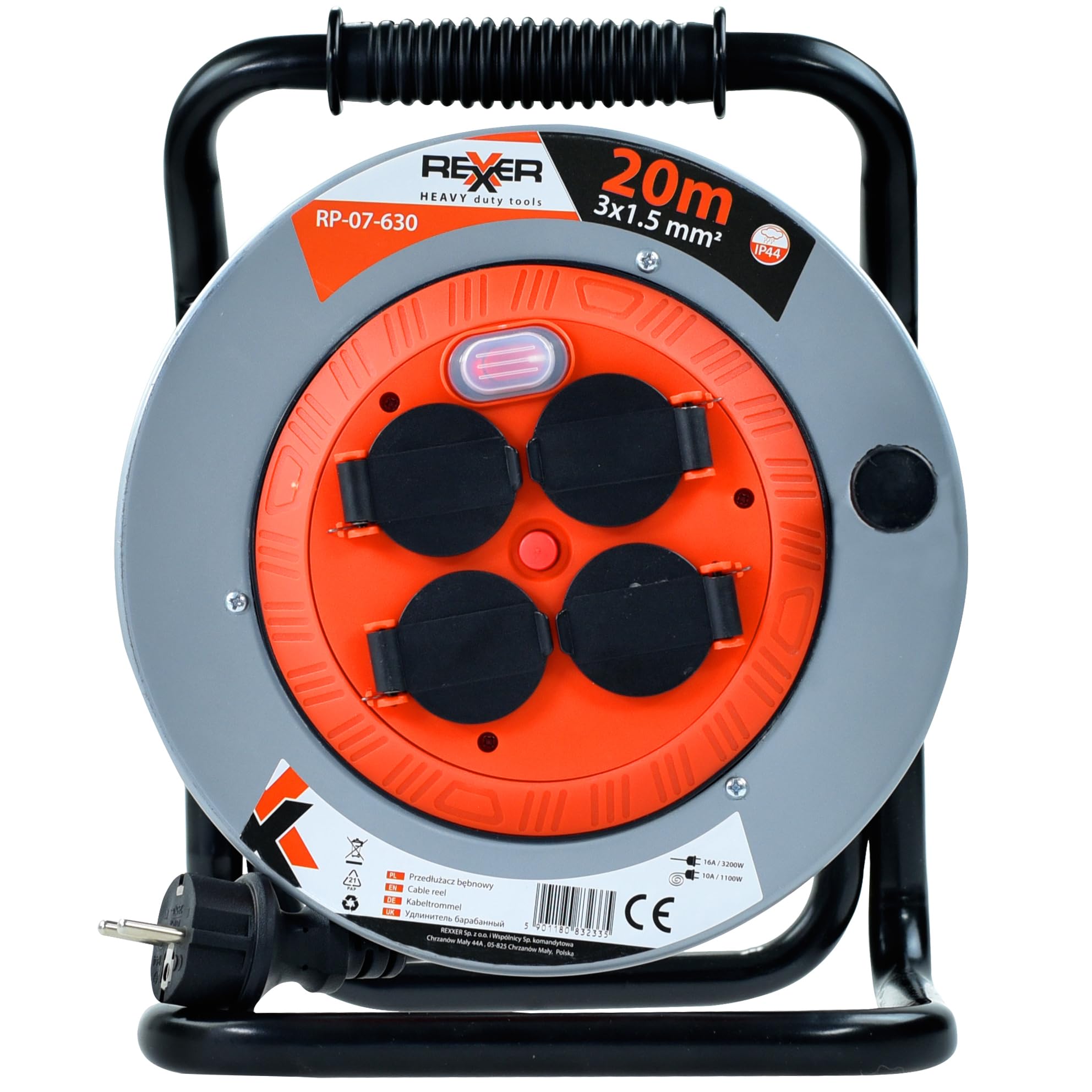 REXXER - Carrete de cable (20 m, metal, IP44, 4 enchufes, tipo E)