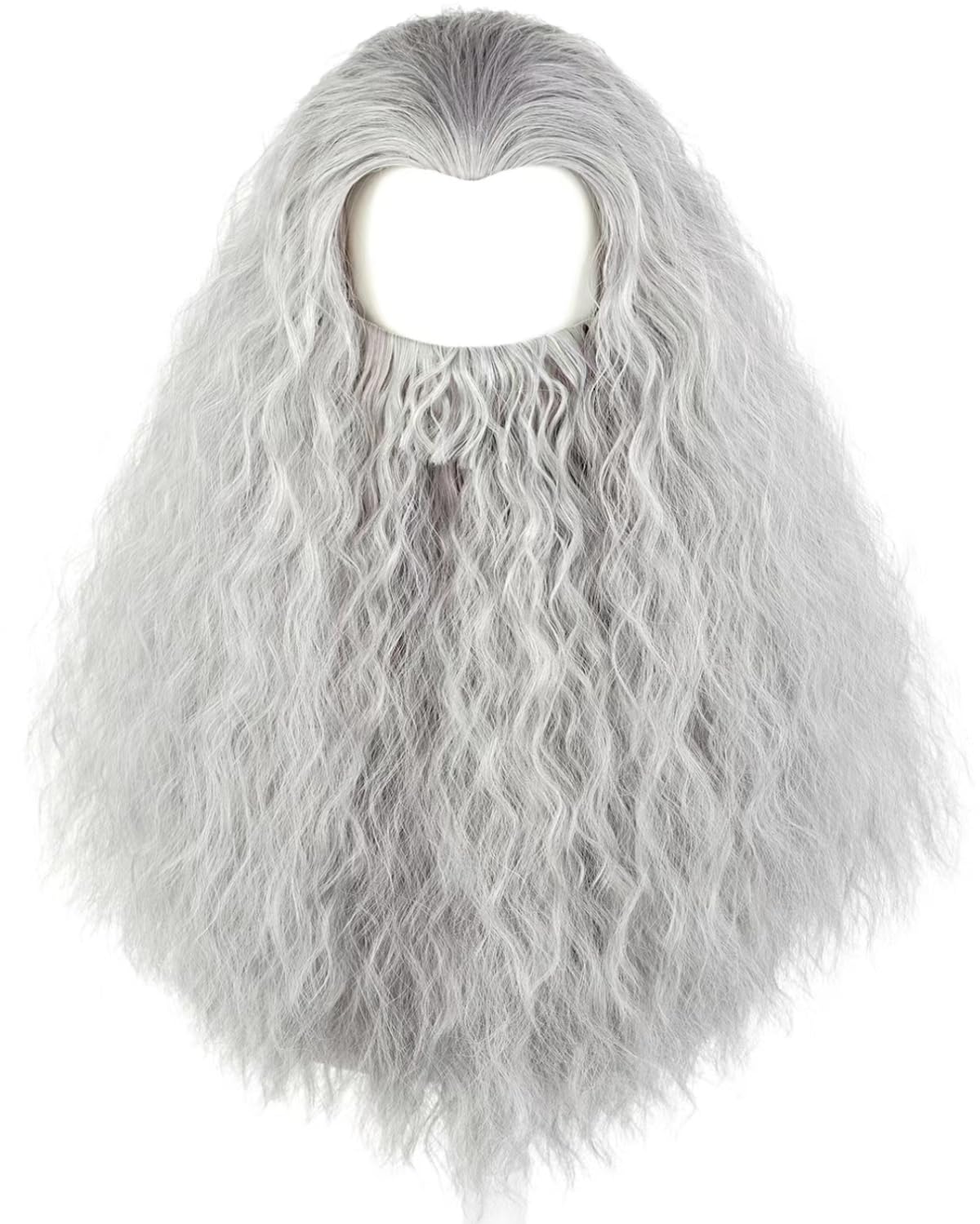 Half and HalfGray Wig and Beard Long Curly Grey Beard Costume Wigs Set Synthetic Hair for Men Halloween Party