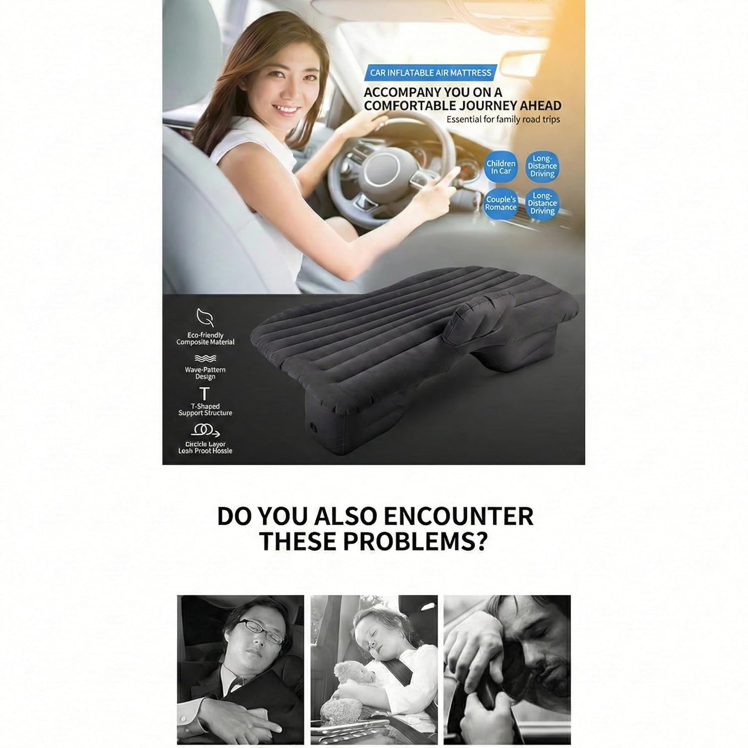 Neelkrush Portable Exclusive Car Air Mattress Car Back Seat Travel Car Sleeping Bed for Kids Inflatable Bed with 2 Pillow & Pump |Quick inflate for Car |Travel for Trips,Camping, Picnic, Pool |Black 2