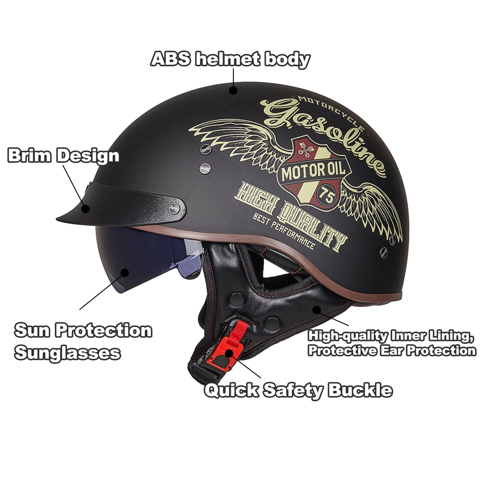 Medio Casco De Cara Abierta Brain - Cap Cruiser Chopper Scooter Pilot Jet Casco DOT + ECE Certificado Personalidad Retro Casco De Motocicleta I,Xxl(63-64 cm)