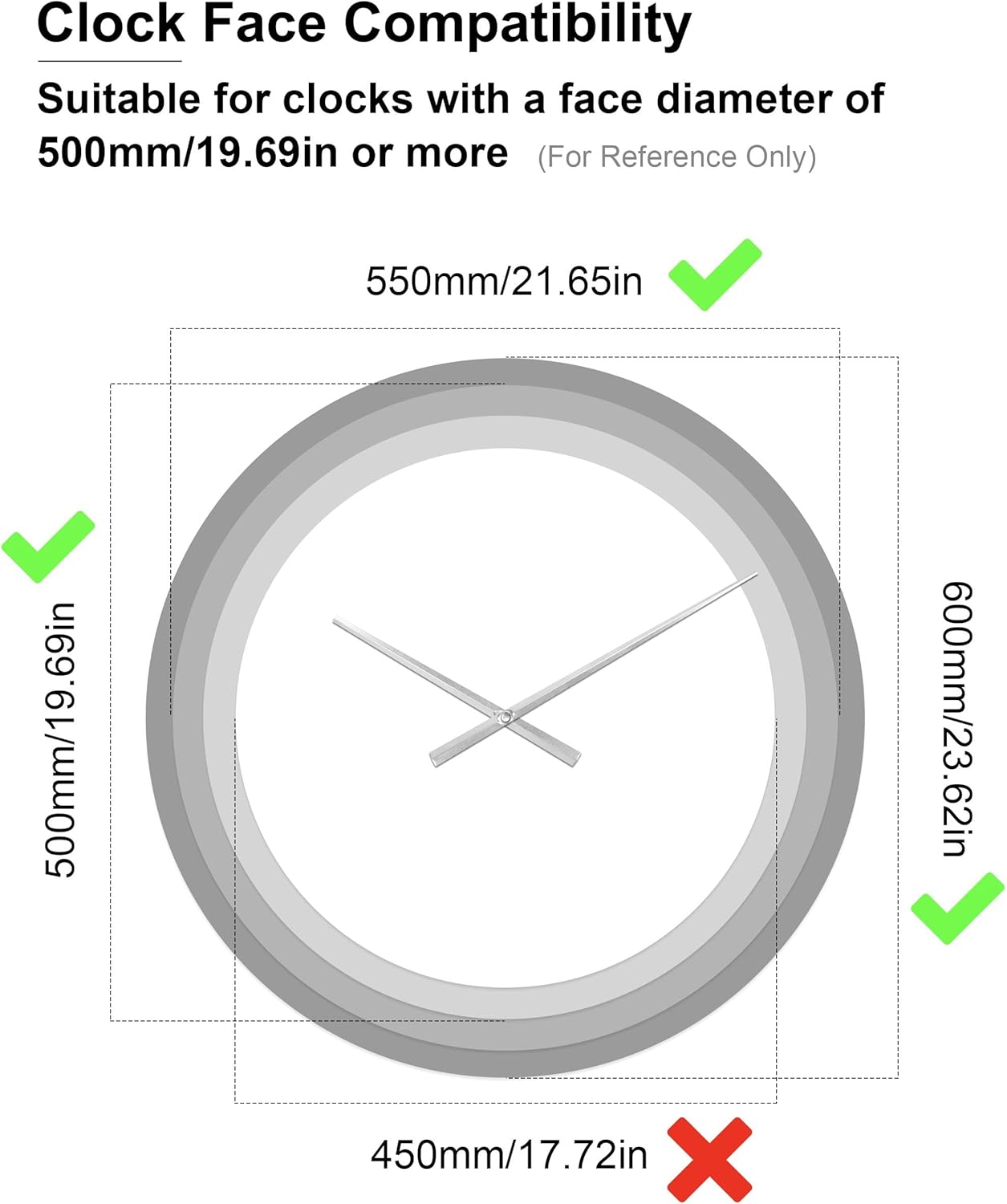 Clock Hands Giant (Nordic, Silver, 4 Set) for Thick Shaft Quartz Movement Replacement, Clocks with Face Diameter of 500mm/19.69in or More, Long Metal Hardware Kit Repair Classroom DIY Wall Watch