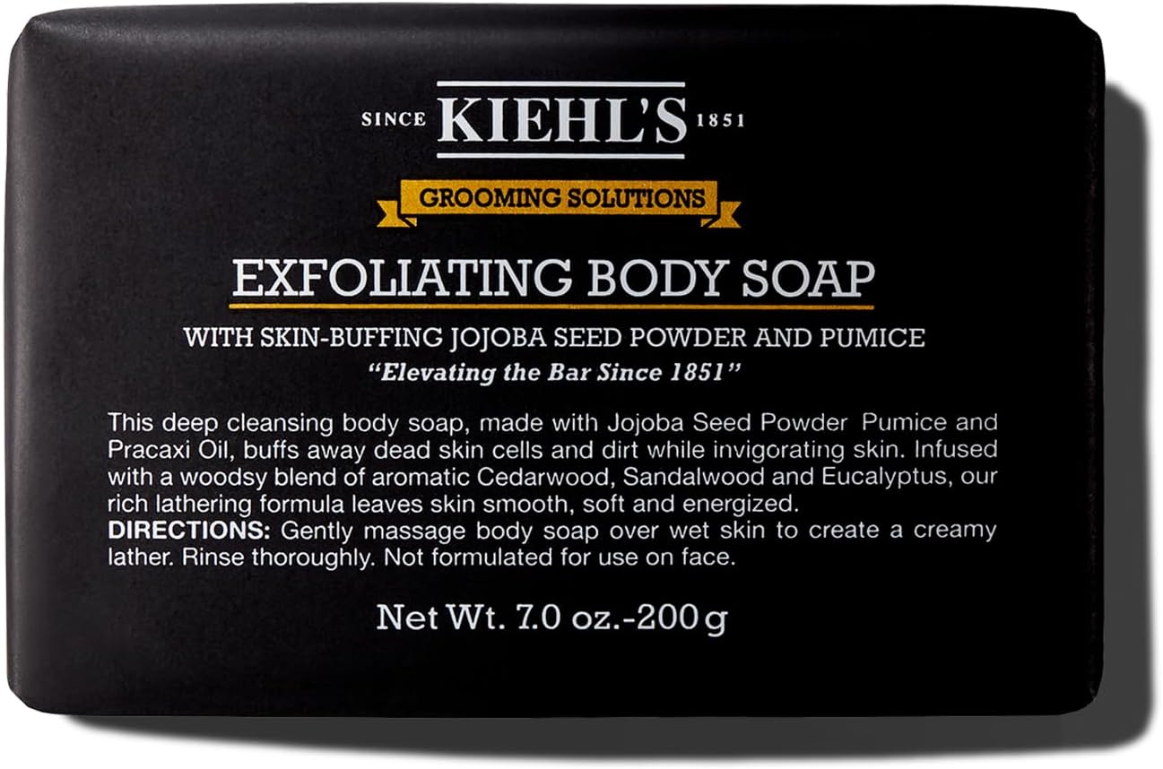 Kiehl's Grooming Solutions Exfoliating Body Bar Soap, Men's Body Wash Cleanses Dirt & Oil, with Pumice, Jojoba Seed Powder & Pracaxi Oil, for Soft & Smooth Skin, Woodsy Aromatic Blend - 7 oz