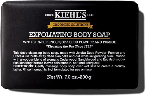 Kiehl's Grooming Solutions Exfoliating Body Bar Soap, Men's Body Wash Cleanses Dirt & Oil, with Pumice, Jojoba Seed Powder & Pracaxi Oil, for Soft & Smooth Skin, Woodsy Aromatic Blend - 7 oz