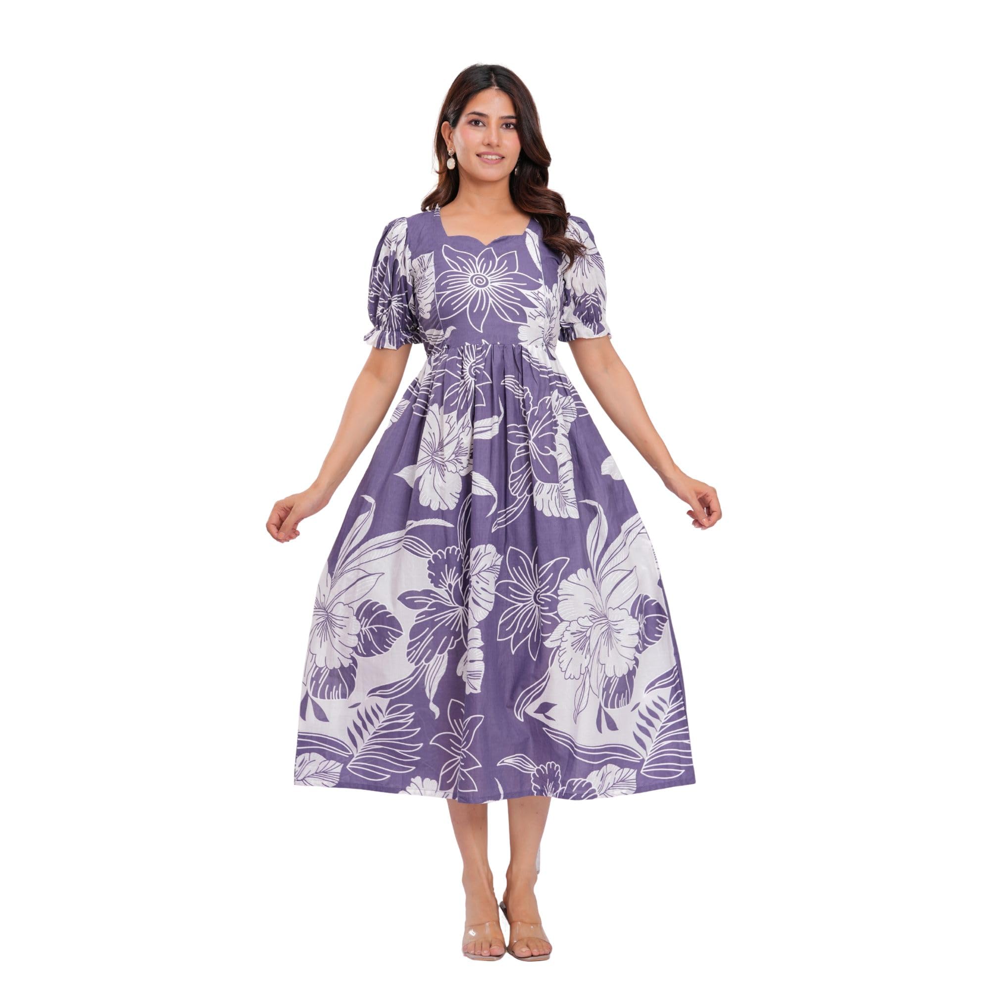 Women’s Printed Cotton Fabric Flower Printed Anarkali Maternity Feeding Dress with Side Zippers