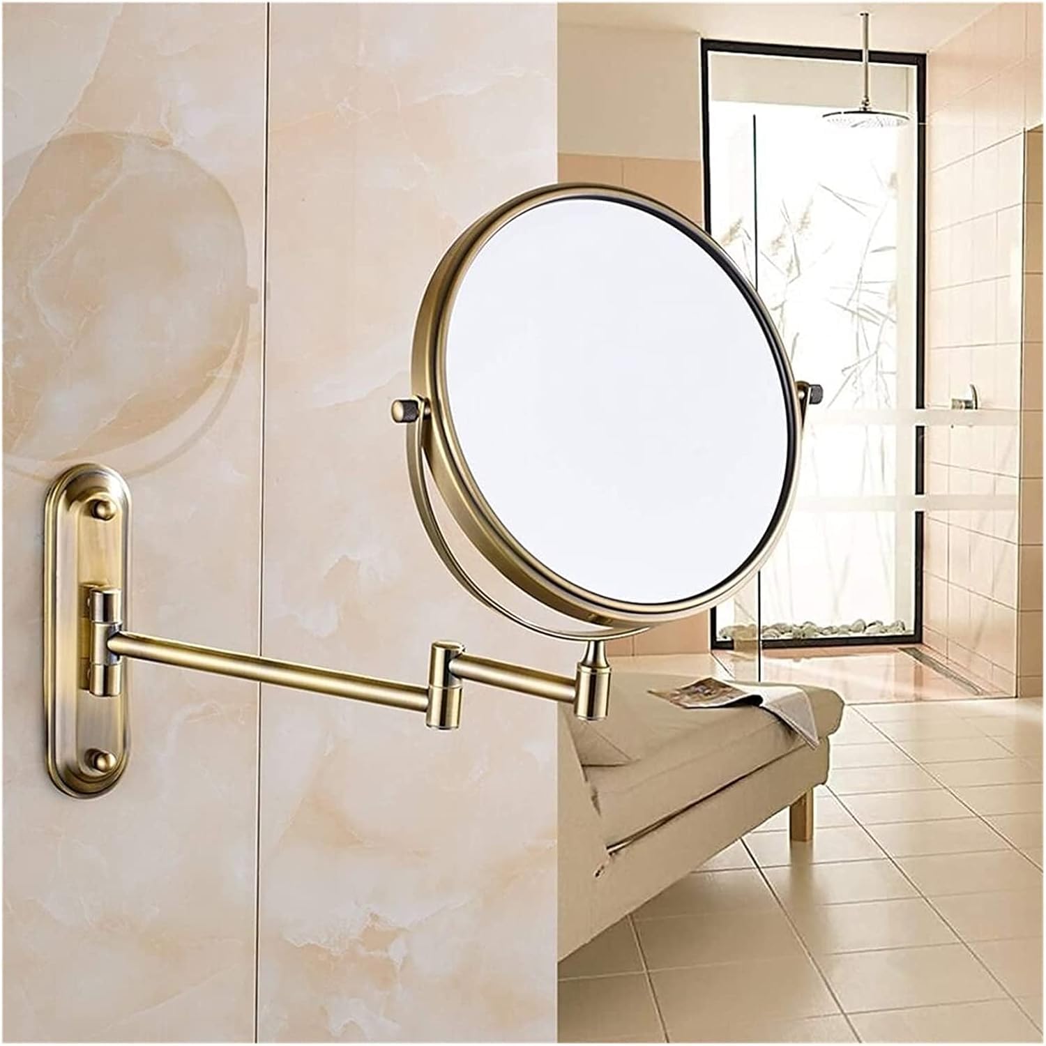 Specchio per il trucco da 8 pollici in ottone con ingrandimento 5x Specchio cosmetico rotondo estensibile da parete per il bagno Elegante finitura in nichel Perfetto per la cura e la bellezza(Nickel