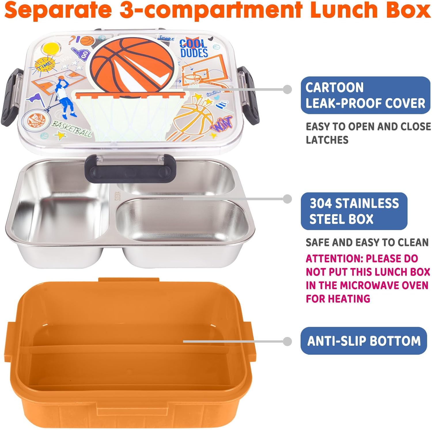 Stainless Steel Bento Lunch Box for Kids, 800ml/27oz BPA-Free Leak-Proof Food Containers with 3 Compartments, Freezer & Dishwasher Safe, Back to School Students Lunches Size for Ages 3-7 - Image 2