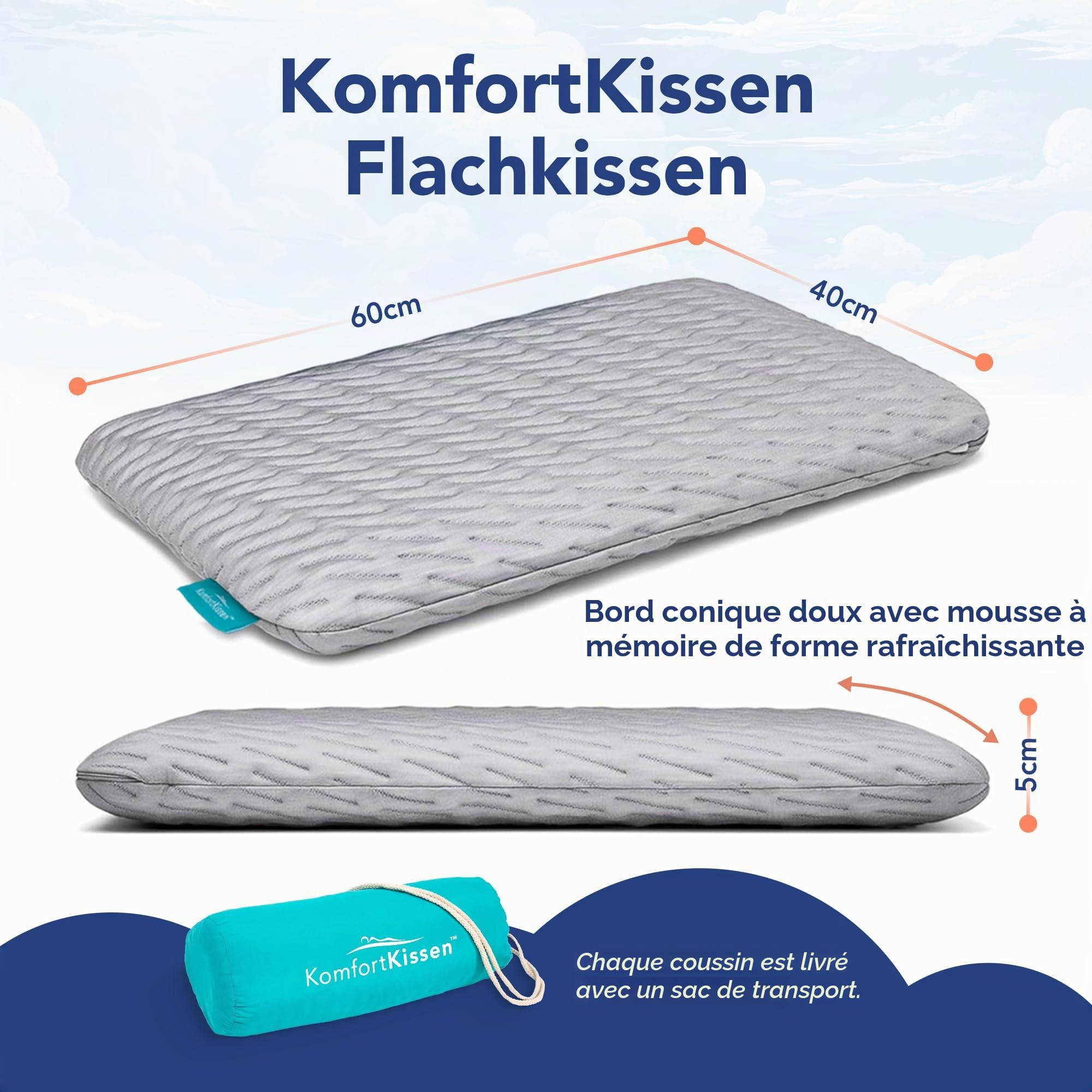 MKS Coussin orthopédique pour enfants 40x60x5 cm avec mousse à mémoire de forme – Plat et ergonomique – Housse en bambou et sac de transport inclus – Oreiller pour enfants à partir de 3 ans