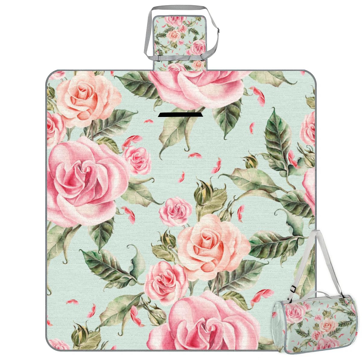 Mularoka Floral Flower Roses Picnic Blankets Waterproof Sandproof Foldable Beach Blanket 59" x 57" Extra Large Portable Washable Outdoor Mat for Camping Park Grass Hiking Travel
