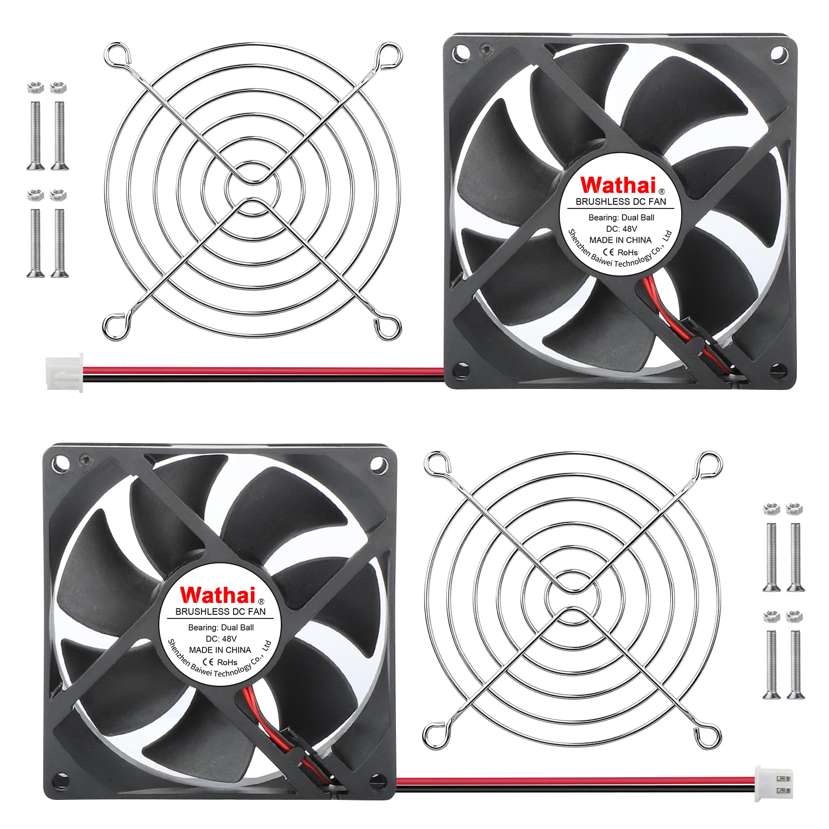 Wathai 2 ventiladores de refrigeración sin escobillas 9225 de 48 V y 92 mm de CC, 2 pines, 92 x 92 x 25 mm, doble bola, alto flujo de aire para estaciones base de telecomunicaciones, mini PC