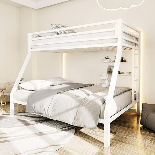 ikalido Metal Loft Bunk Bed Twin Over Full Size with Safety Guardrail and Ladder, No Box Spring Needed Space Saving Bedroom Furniture, Cream White
