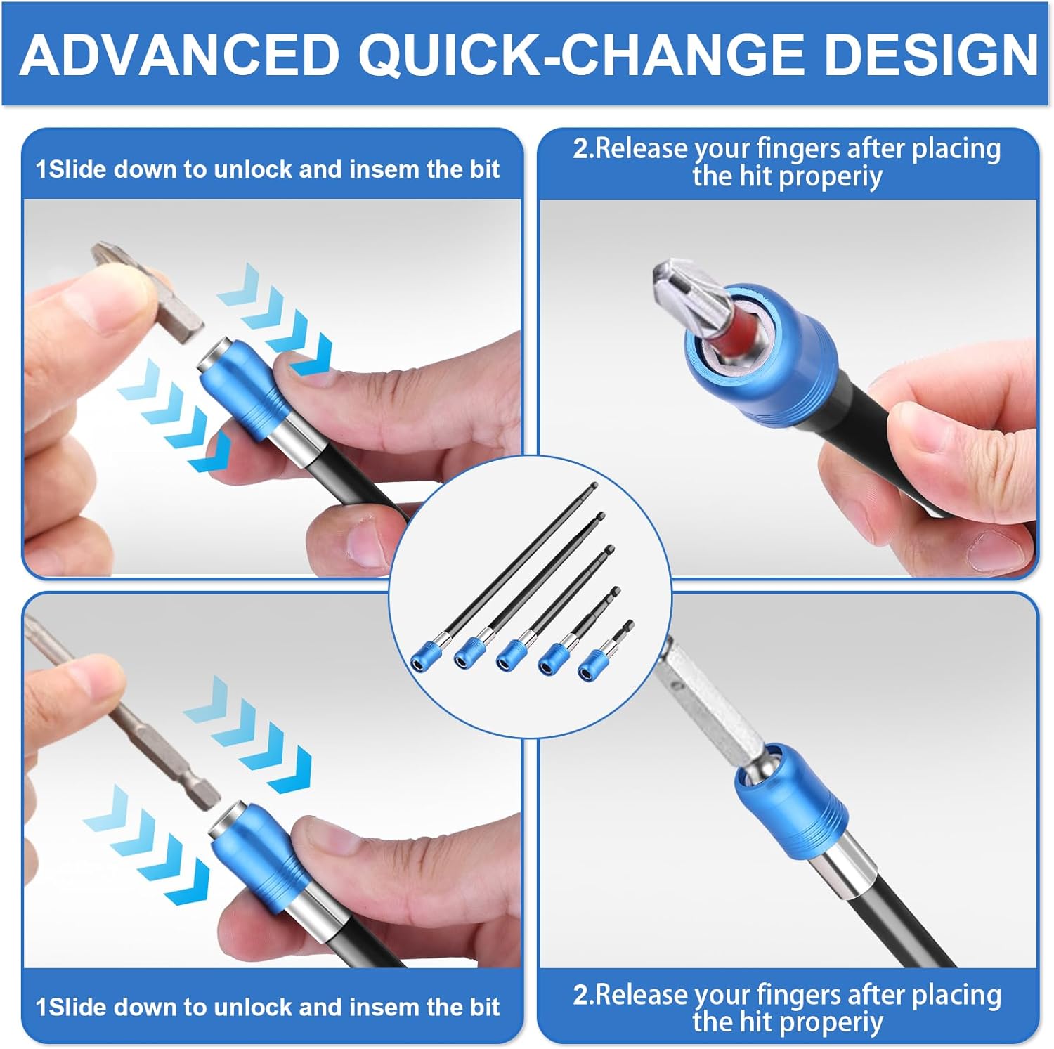 Mwellewm Drill Bit Extension, 5Pcs 2/4/6/8/12’’ Magnetic Bit Holder Drill Extension Bit Holder Extender with Aluminum Extension Set 1/4 Inch Hex Bits for Impact Driver Shank Quick Release Adapter
