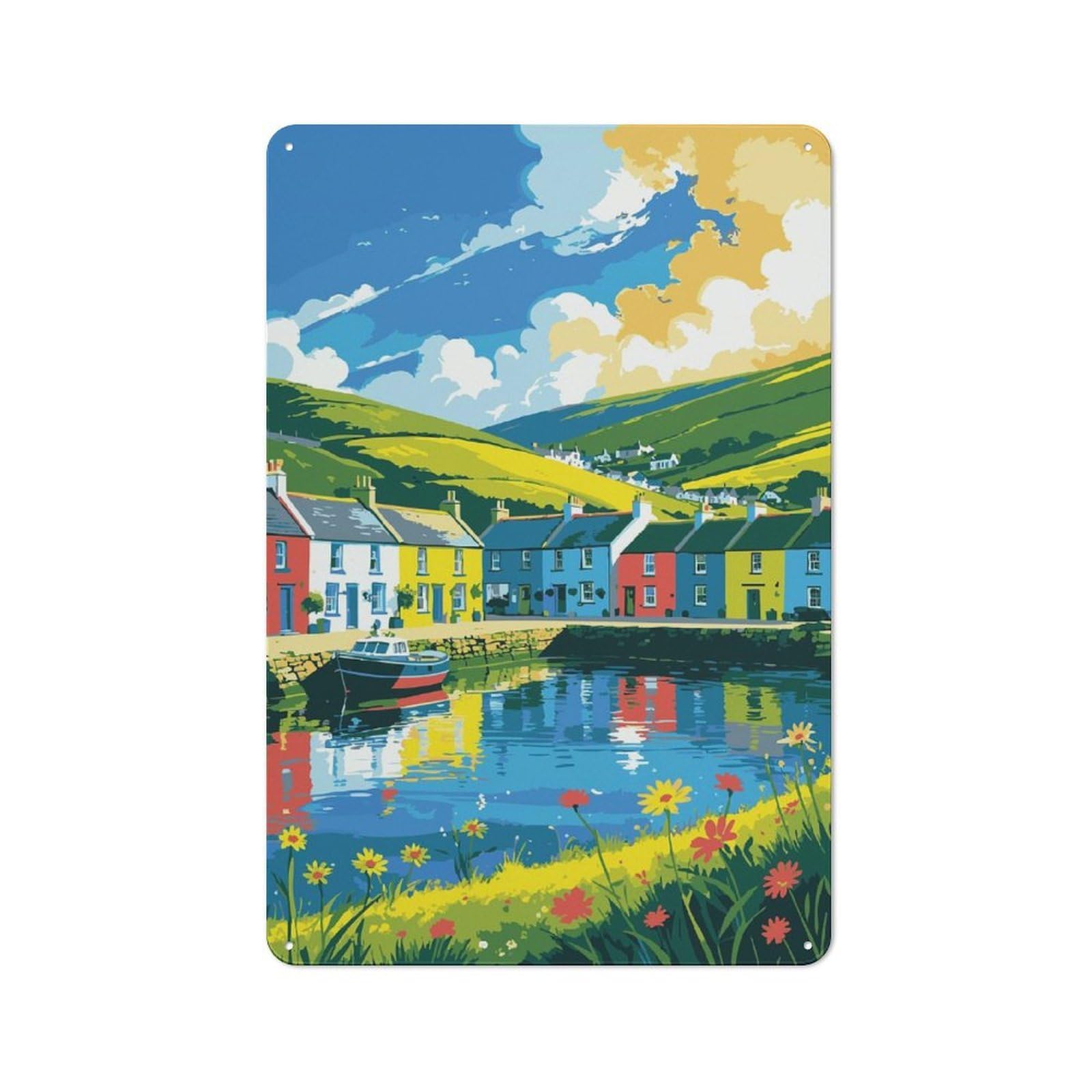 Junmoney Style-9 Colorful Coastal Village Scene Illustration Vintage Metal Wall Decor 30X20cm, Garden Room Metal Sign For Patio Bar, Workshop, Shed Or Kitchen