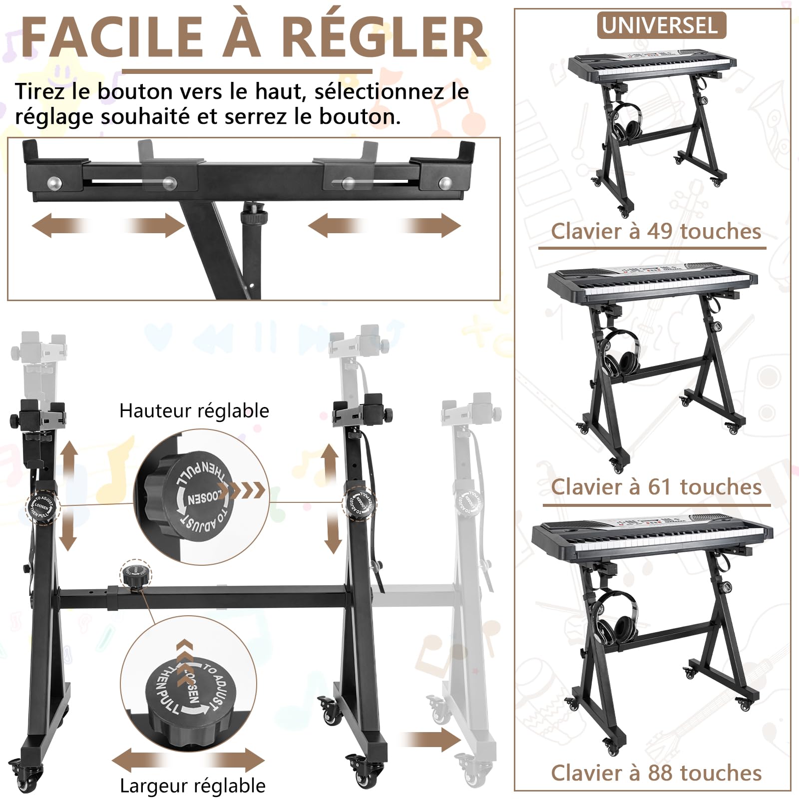 OUUTMEE Universeller Klaviertastaturständer, für Elektronik mit 54-88 Tasten | 4 feststellbare Rollen, höhenverstellbar (55 – 87 cm) und Breite (56,5 – 90,5 cm), robuster Z-Stil, Schwarz