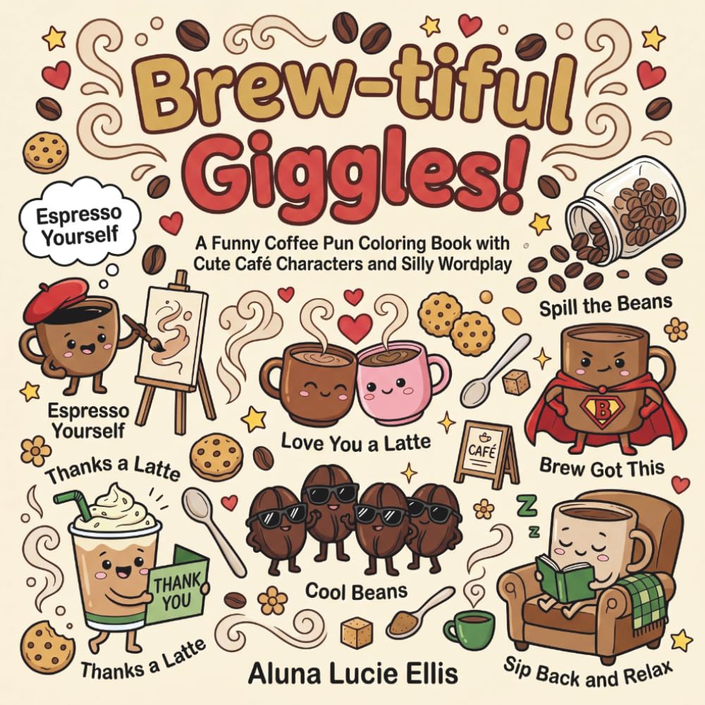 Brew-tiful Giggles!: A Funny Coffee Pun Coloring Book with Cute Café Characters and Silly Wordplay