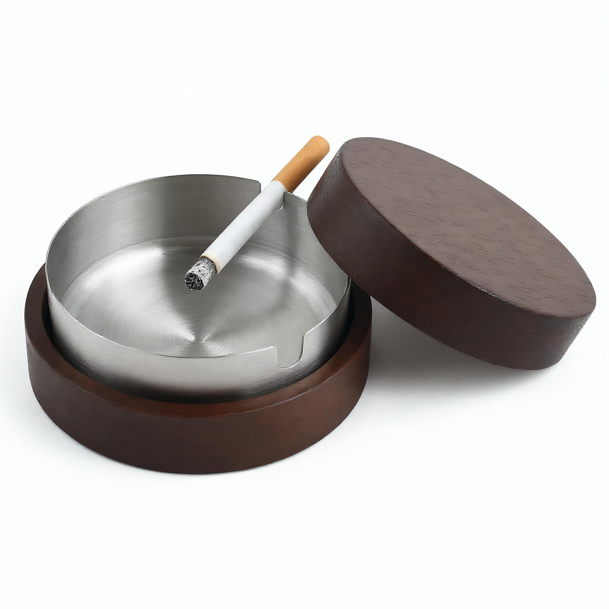 Solvio Wooden Ashtray with Lid Smell Proof - Windproof Outdoor Ashtray with Stainless Steel Liner for Indoor Home Office Garden, Cool Bamboo Ash Tray for Cigarettes