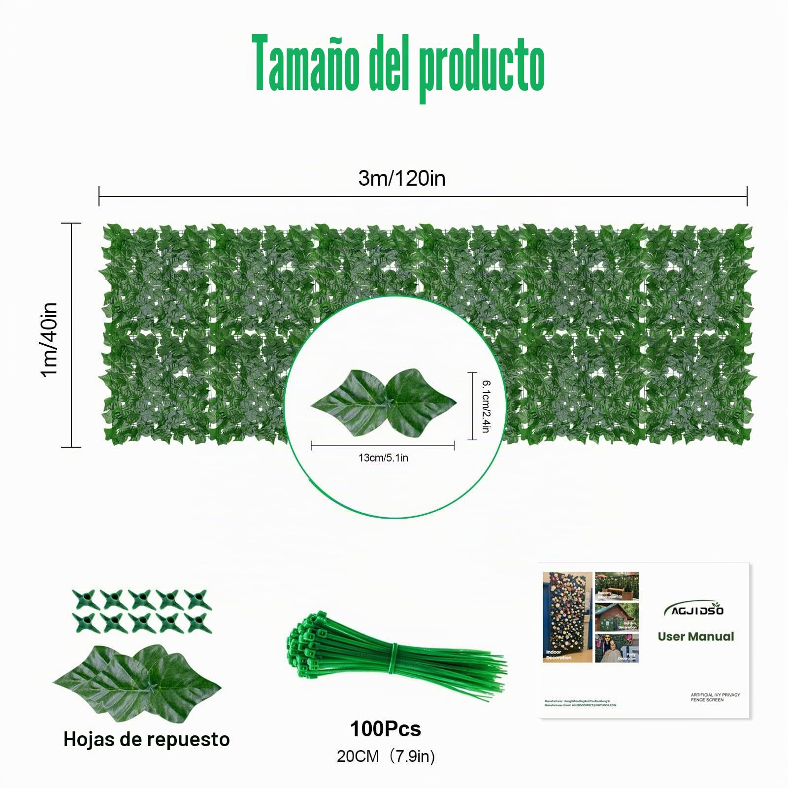 Rollo de valla de hiedra artificial, rollo de seto artificial de 3 m x 1 m, pantalla de privacidad para jardín, balcón, exteriores