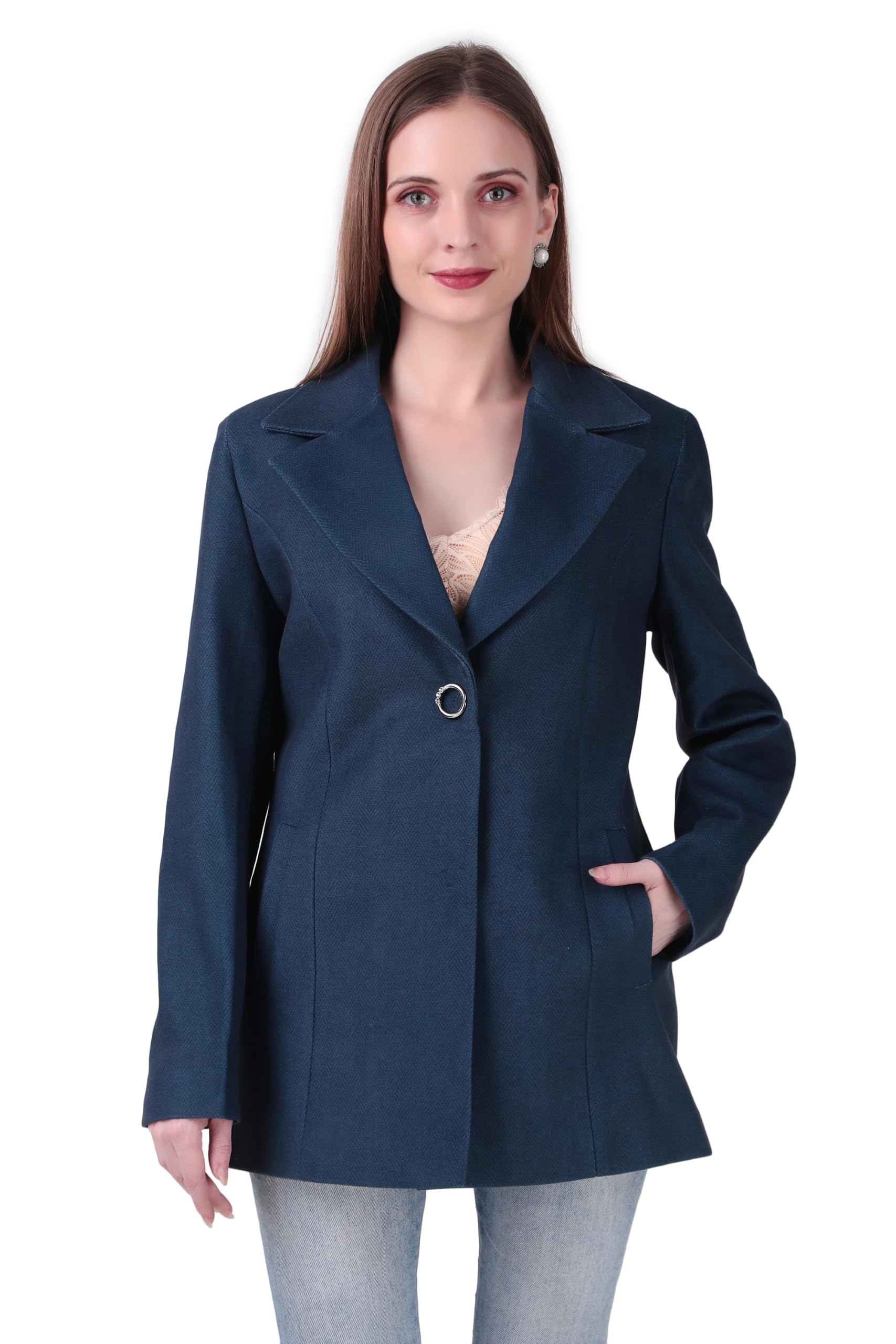Women's Classic Single-Button Winter Coat | Lapel Collar, Full Sleeves, Side Pockets | Regular Fit Mid-Length Casual & Formal Overcoat | Navy Blue-image-38