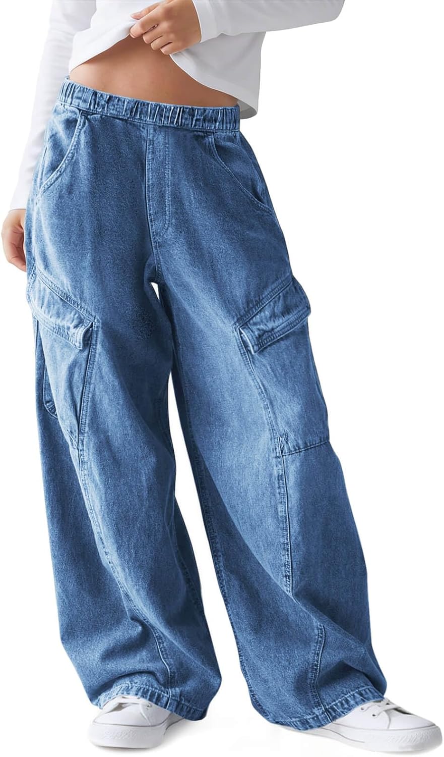Haloumoning Girls Jeans Baggy Wide Leg Elastic High Waisted Denim Pants Y2K Boyfriend Jeans with Pockets 5-14Y