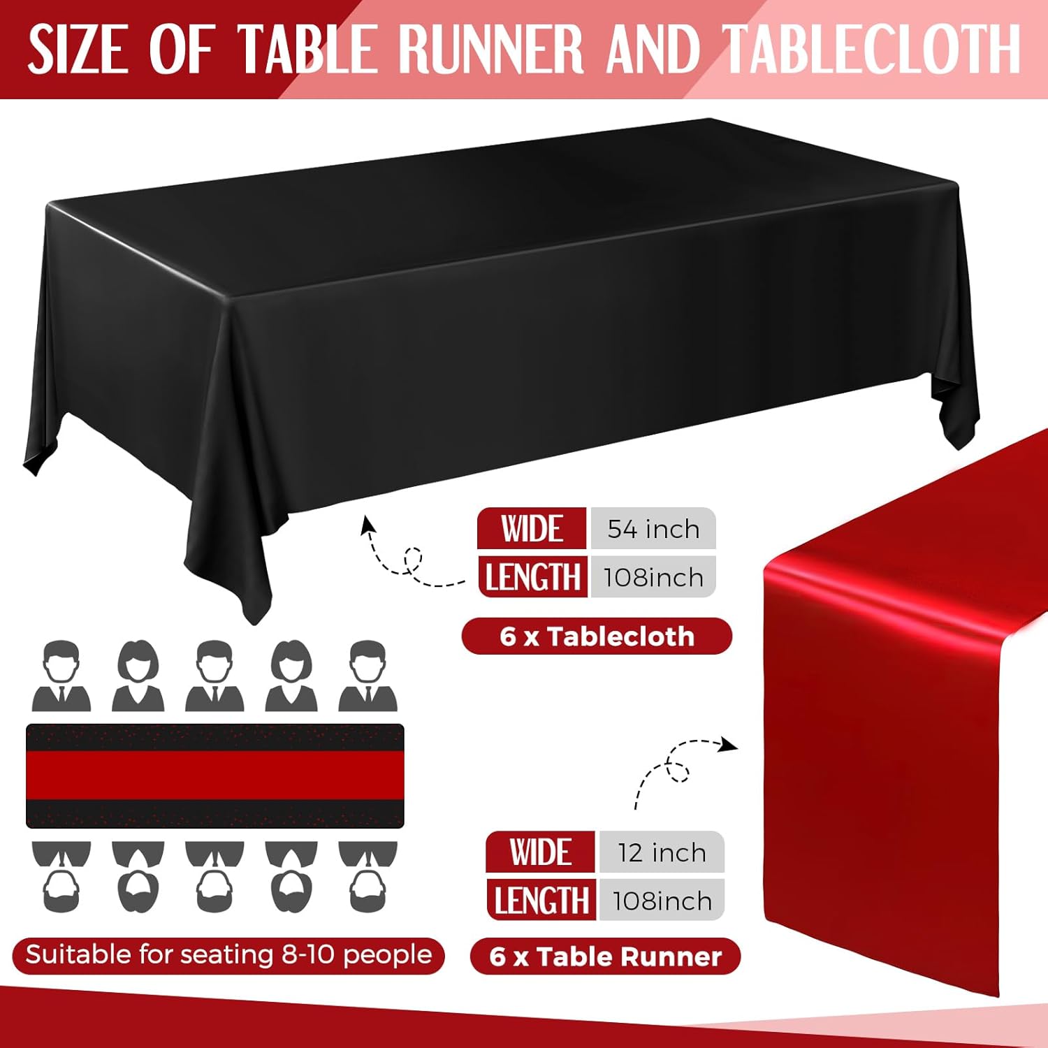 Tudomro 12 Pcs Black and Red Disposable Plastic Tablecloths and Satin Table Runner Set, 54 x 108 Inch Tablecloth, 12 x 108 Inch Table Runners for Wedding Baby Shower Birthday Party