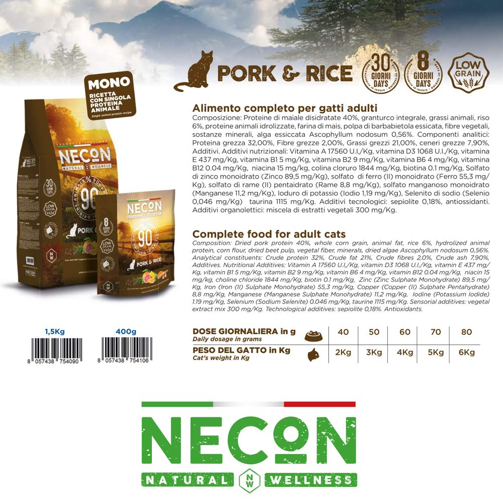 NECON PET FOOD Natural Wellness wieprzowina i ryż dla dorosłych, 3 x 400 g, karma dla kotów dla dorosłych, witaminy o niskiej zawartości ziarna, bogata w witaminy, super jakość, Made in Italy