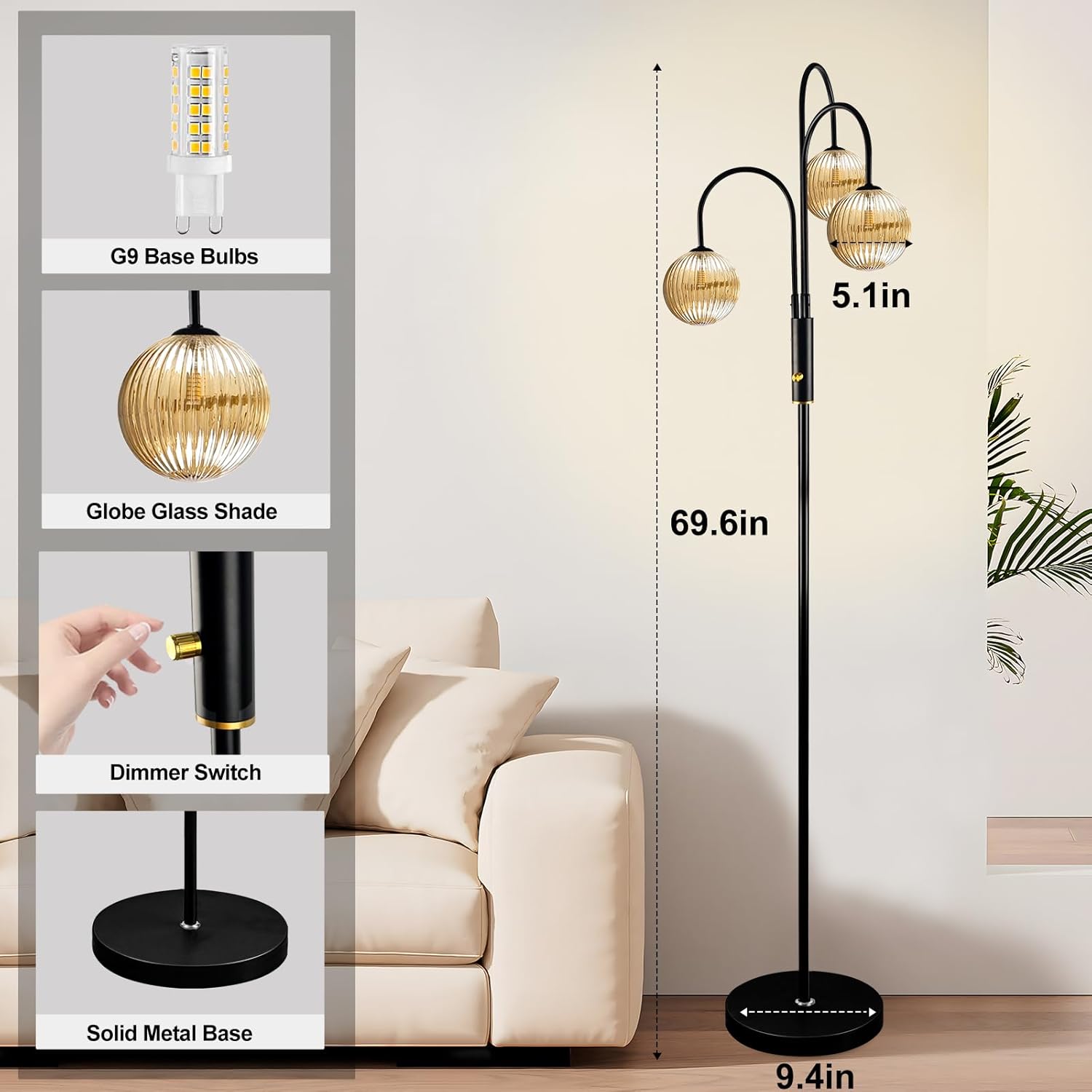 Lightdot 70IN Dimmable Floor Lamp for Living Room, 3 Light LED Tree Floor Lamps with Glass Globe Shade& Bulb Included, Mid Century Standing Tall Lamp for Bedroom/Sofa Beside/Corner Decor-Black