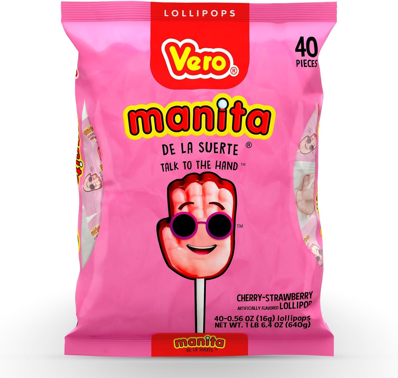 Manita Paletas Strawberry & Cherry Flavored Lollipop (40 Count Bag) - Individually Wrapped Lollipops - Mexican Candy - Paletas Mexicanas Sabor Fresa