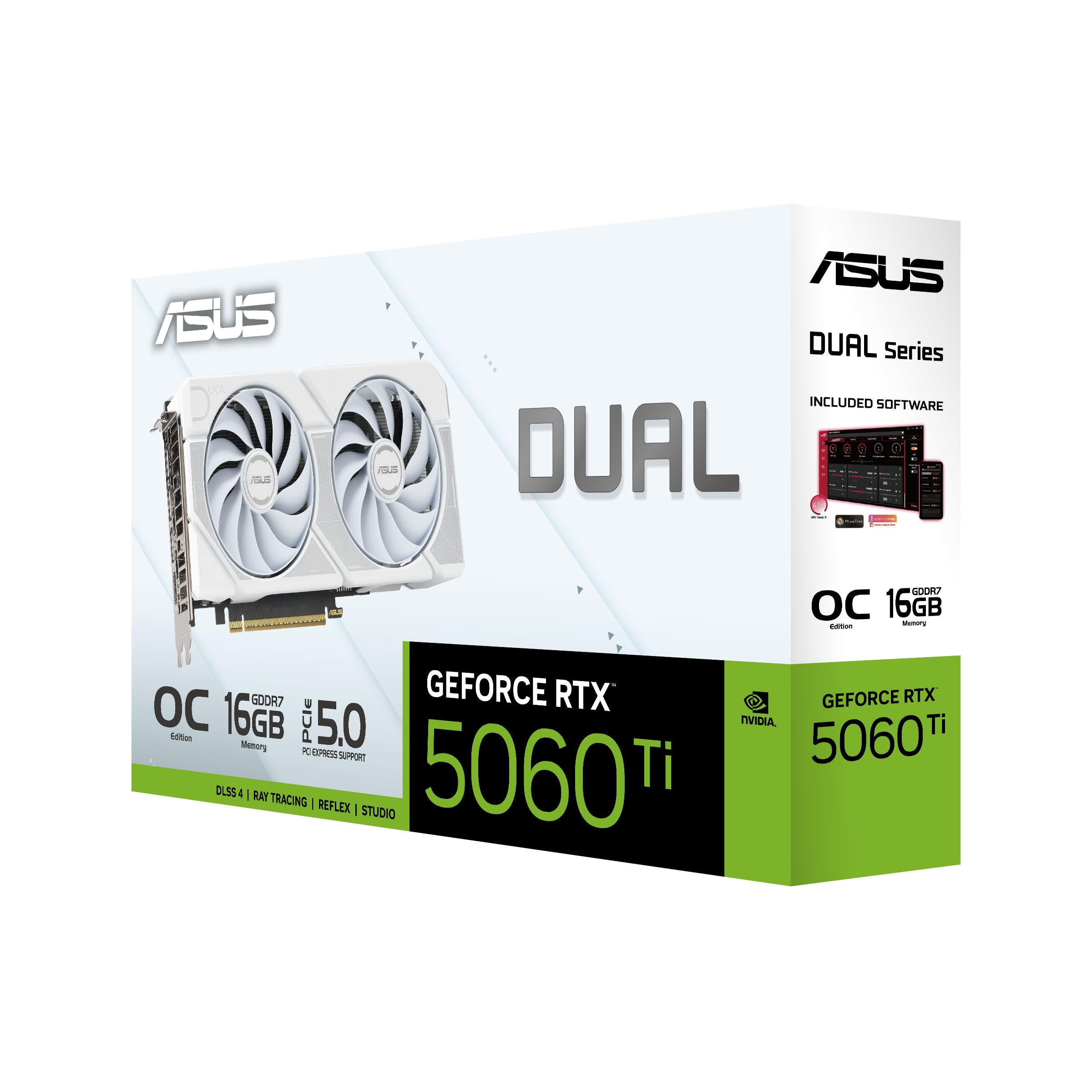 ASUS Dual GeForce RTX 5060 Ti 16GB GDDR7 White OC Edition (PCIe 5.0, 16GB GDDR7, DLSS 4, HDMI 2.1b, DisplayPort 2.1b, 2.5-Slot Design, Axial-tech Lüfterdesign, 0dB Technologie und mehr)