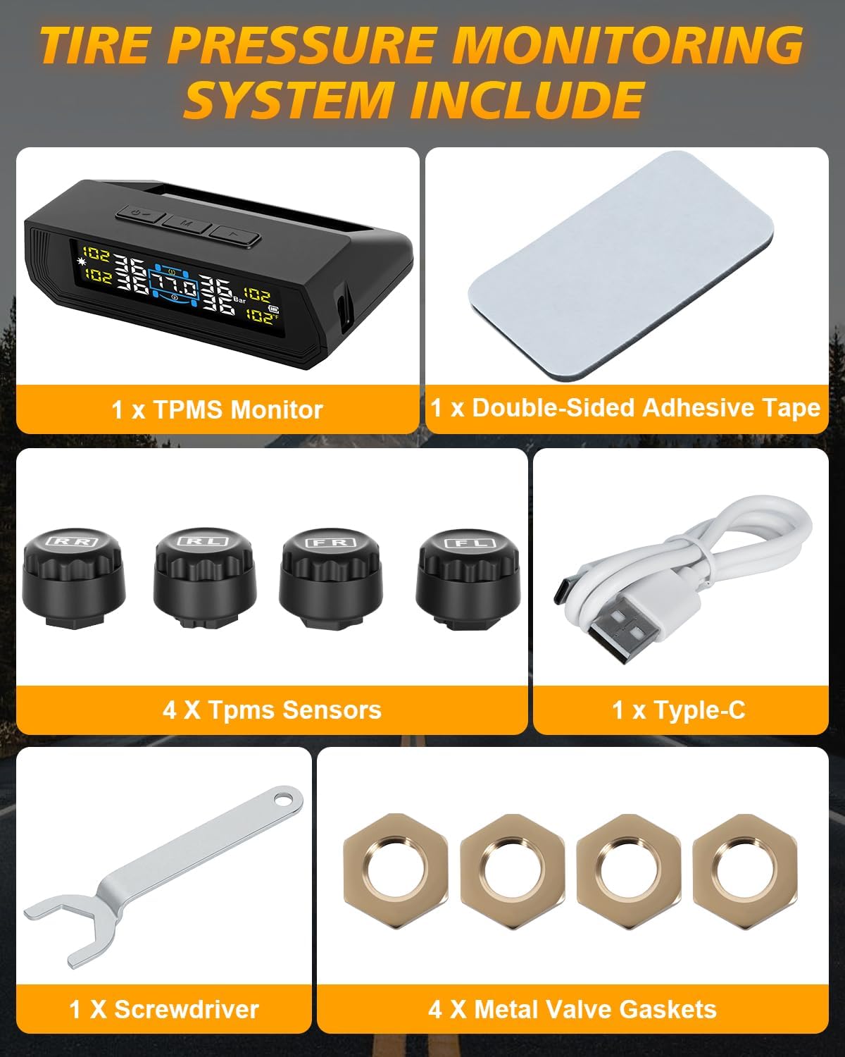 RV Tire Pressure Monitoring System, Wireless TPMS with Solar Charger and USB, 4 Sensors and 6 Alarm Modes Real-time Color LCD Display Tire Pressure Monitor System for SUV Mpv Sedan Truck
