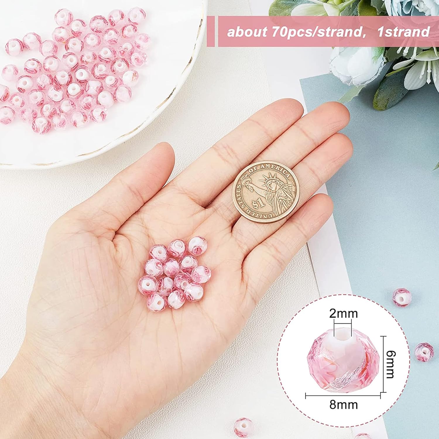 PH PandaHall 70pcs 6~8mm Rose Lampwork Beads Silver Foil Glass Beads Flower Glass Beads Floral Handmade Lampwork Beads Round Loose Beads for Rosary Making Jewelry Craft Making 2mm Hole - Sliver Pink - Image 2