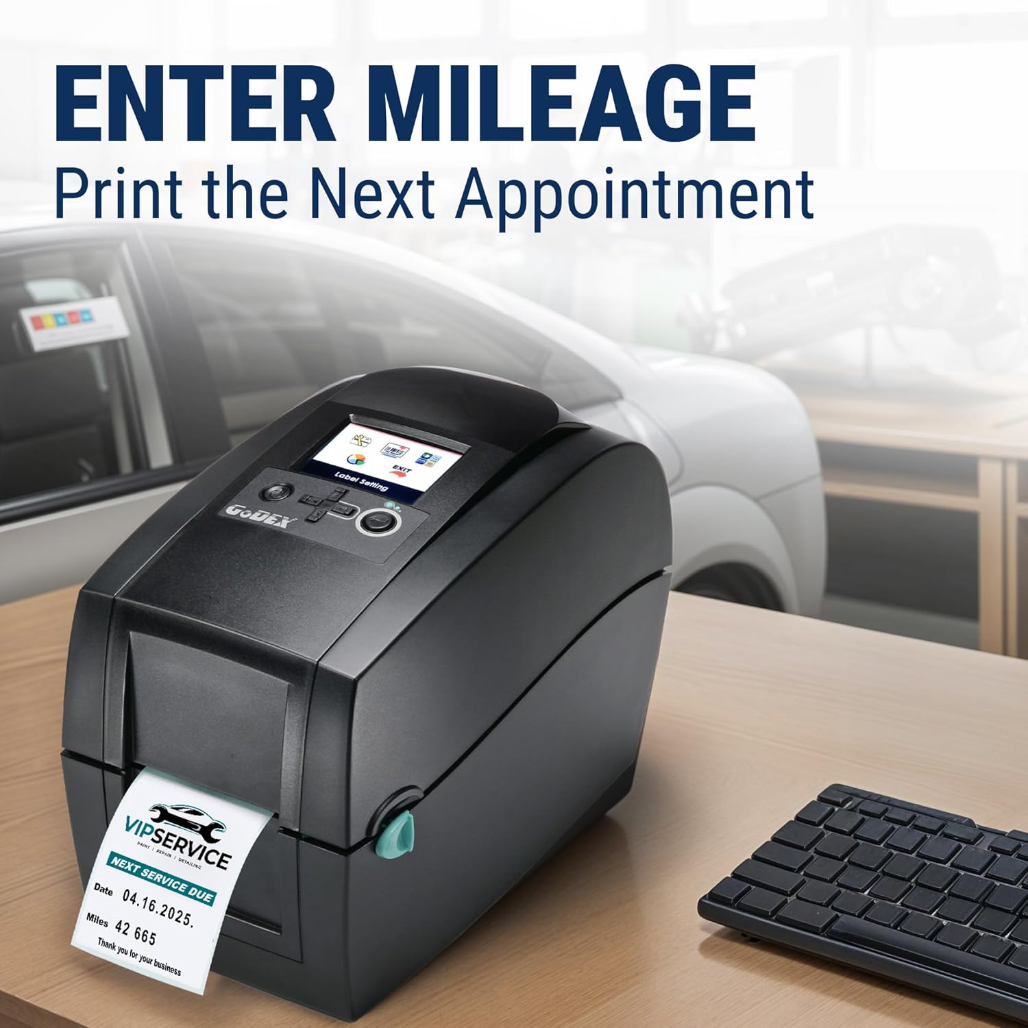 McAuley Labels Oil Change Sticker Printer Machine - Godex RT200i Next Service Reminder Stickers Printer System Set - Fully Programmed Package - Comes with 1000 Custom Oil Labels, Ribbon & Keyboard